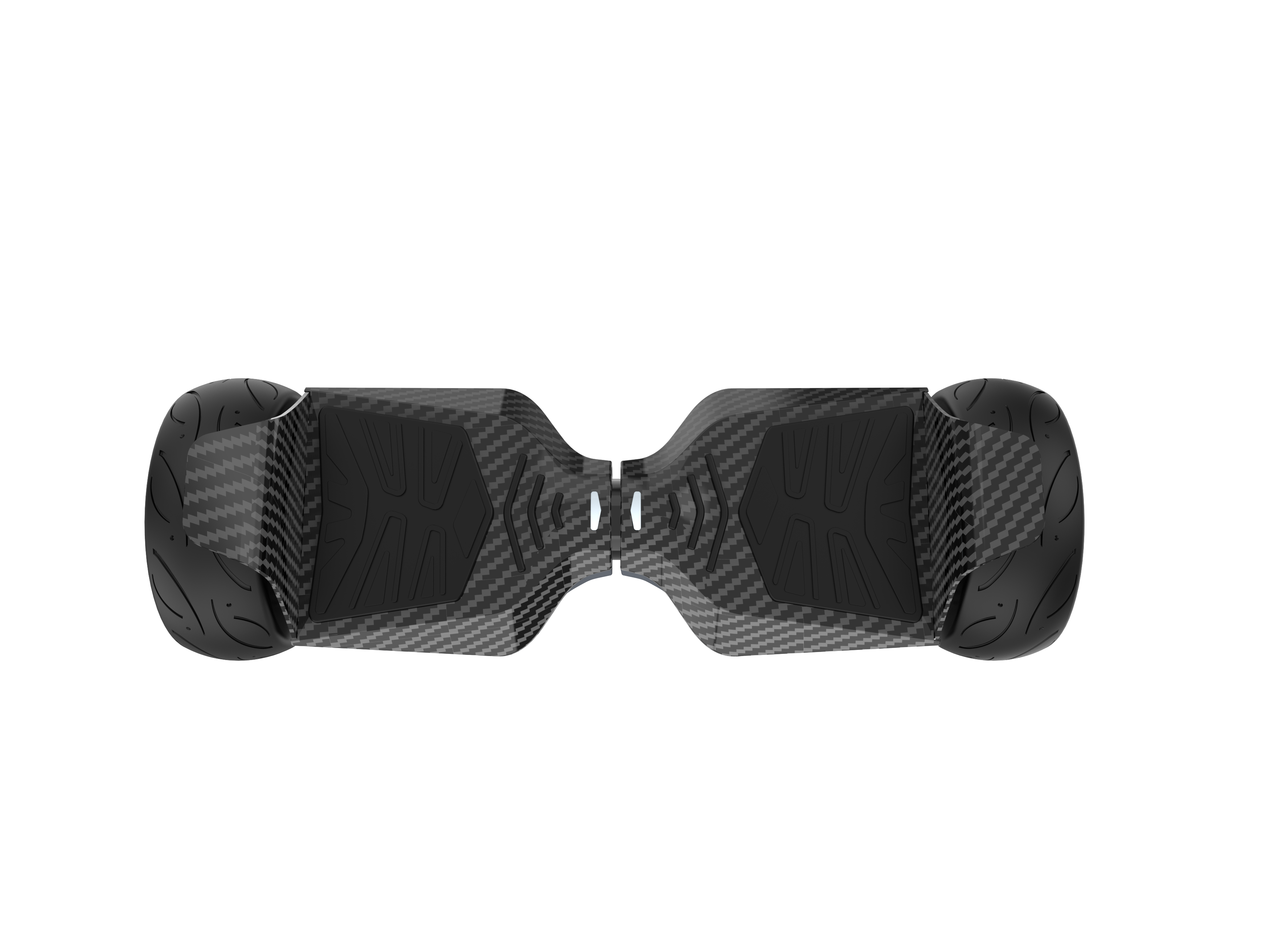 Vista dall'alto di un hoverboard, design in fibra di carbonio nera.