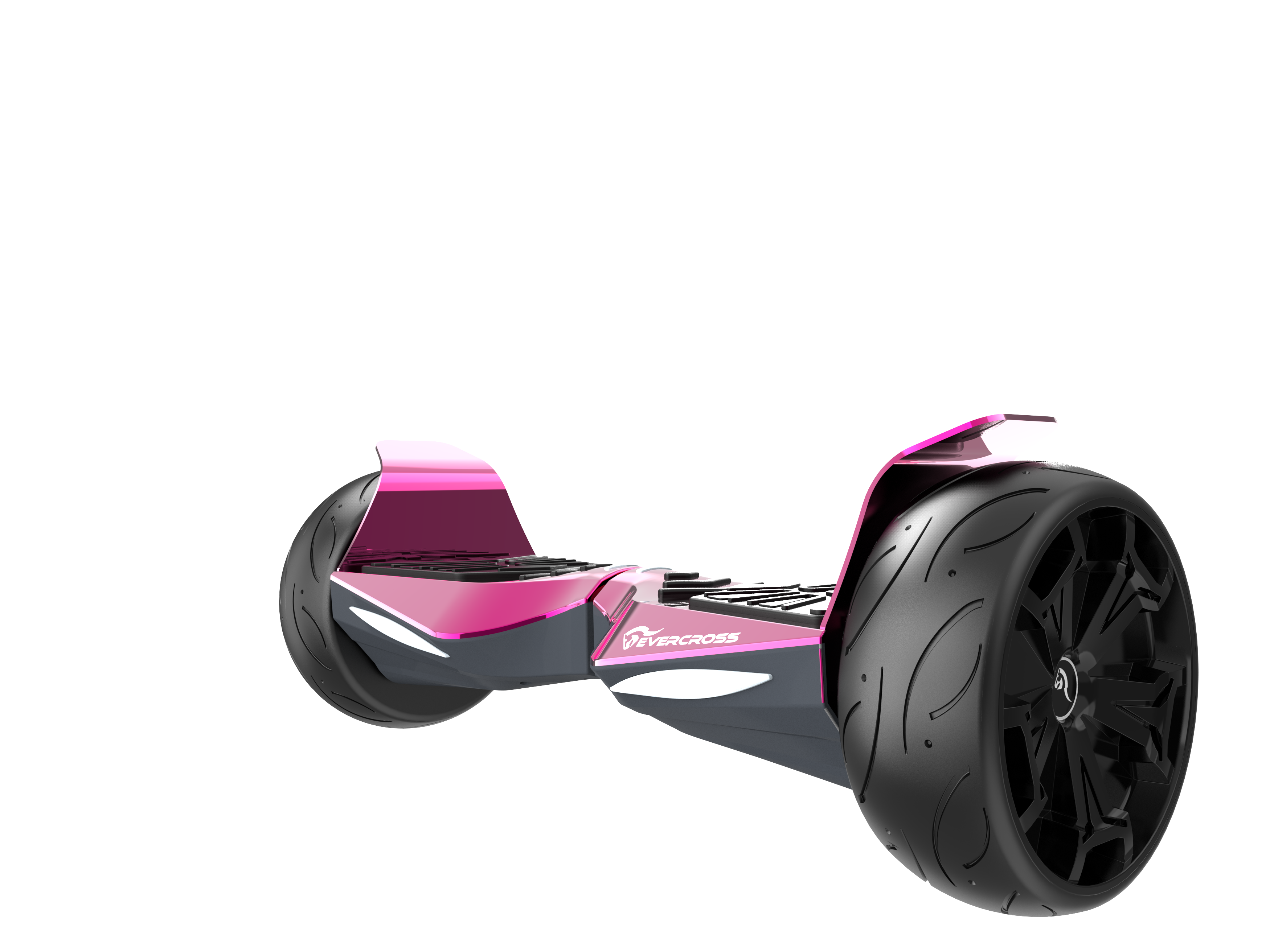 Hoverboard rosa, vista laterale, sfondo nero.
