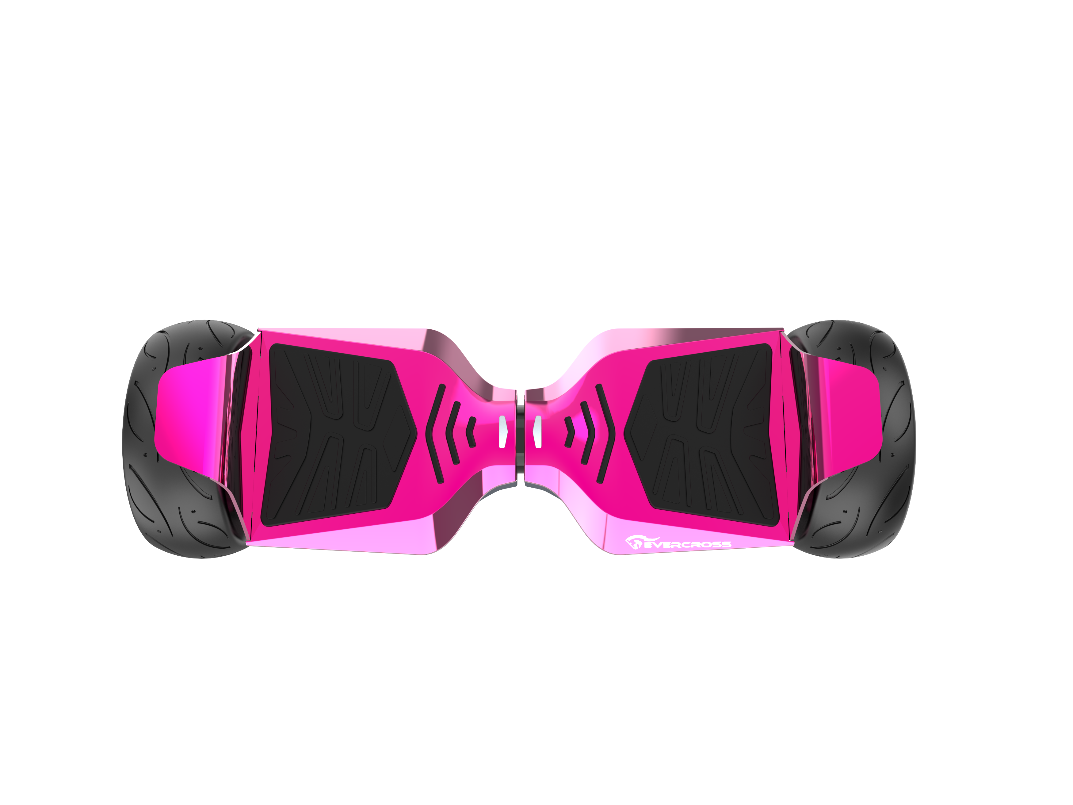 A pink hoverboard on a black background, shot from above.