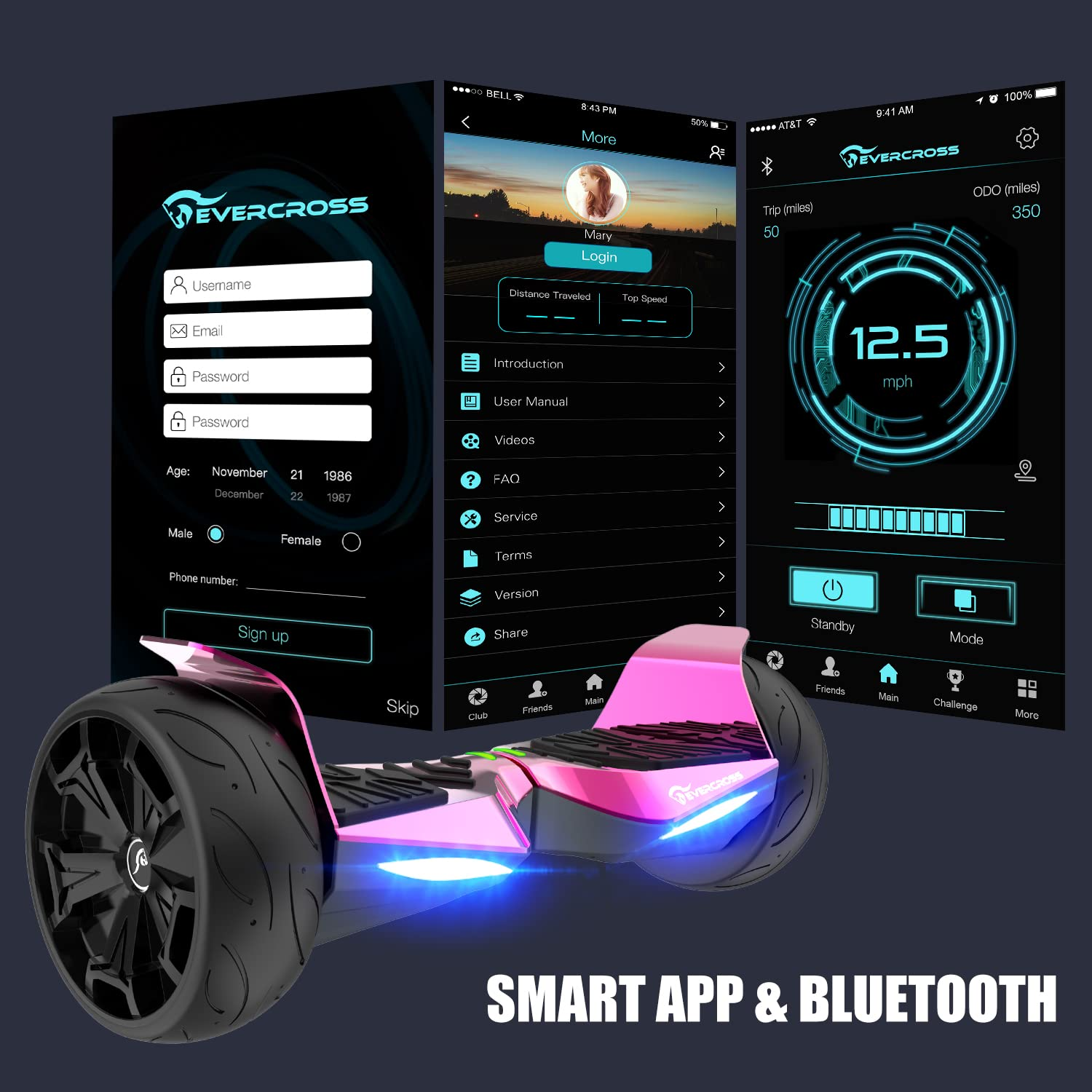 Hoverboard con interfaccia dell'app. Mostra l'accesso all'account, le impostazioni e la velocità. Hoverboard rosa con luci blu.