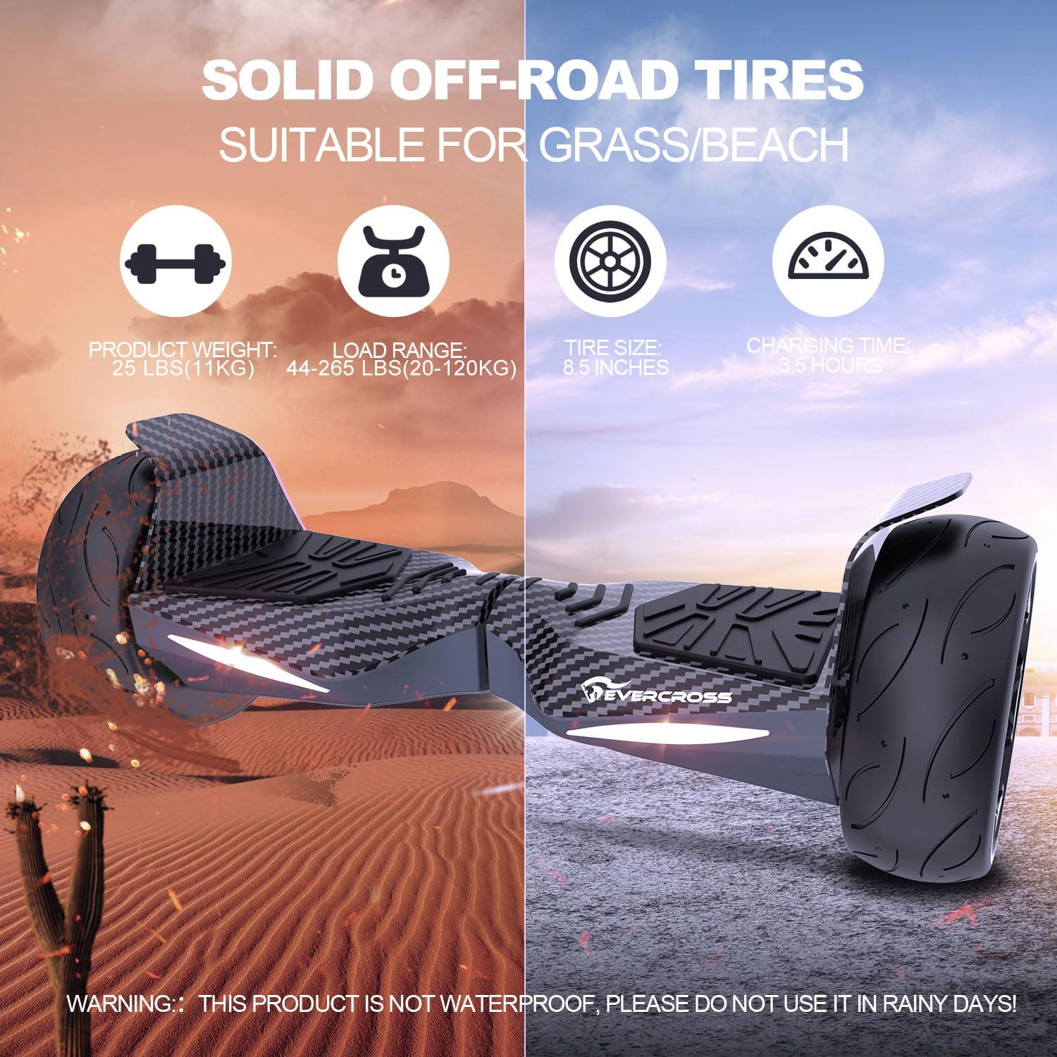 Hoverboard su sfondo desertico, con testo su peso, autonomia e dimensioni pneumatici.
