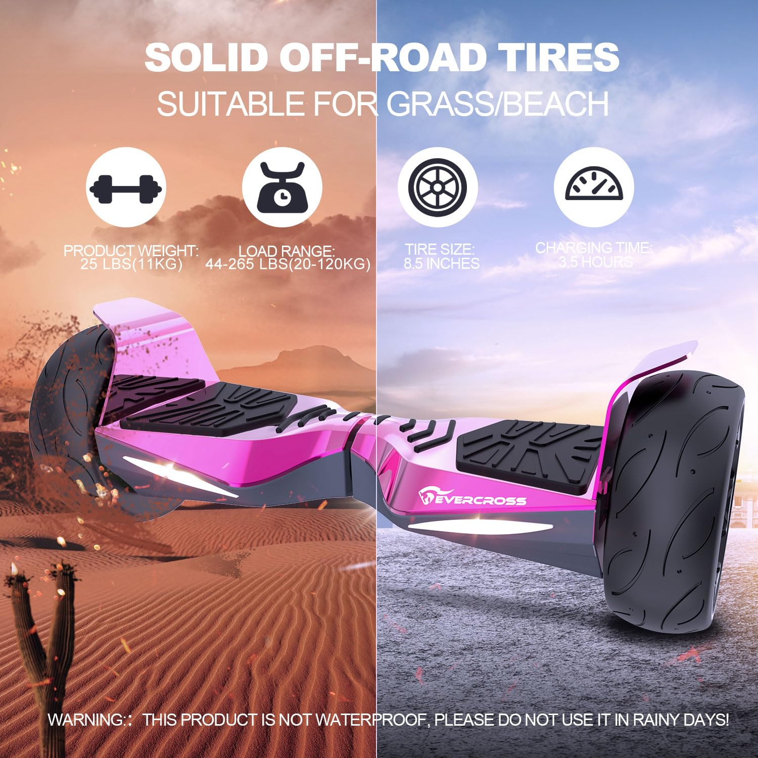 Un hoverboard rosa con icone e testo che descrivono caratteristiche come il peso del prodotto, la portata e le dimensioni dei pneumatici.