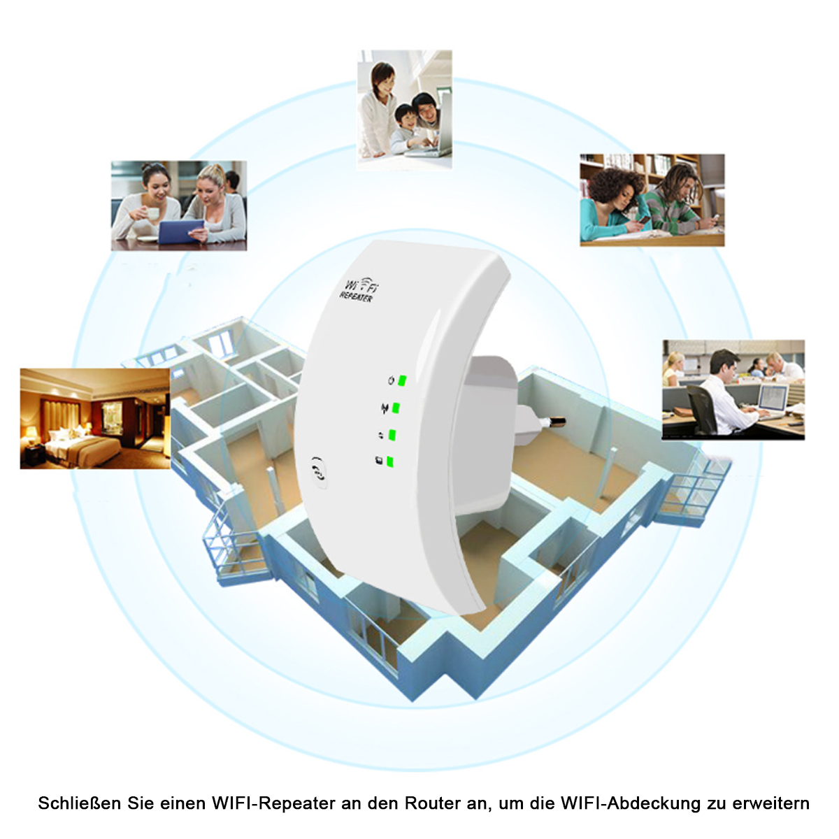Weißer WLAN-Repeater, der in eine Wand eingesteckt ist, umgeben von Illustrationen von Personen, die WLAN nutzen.