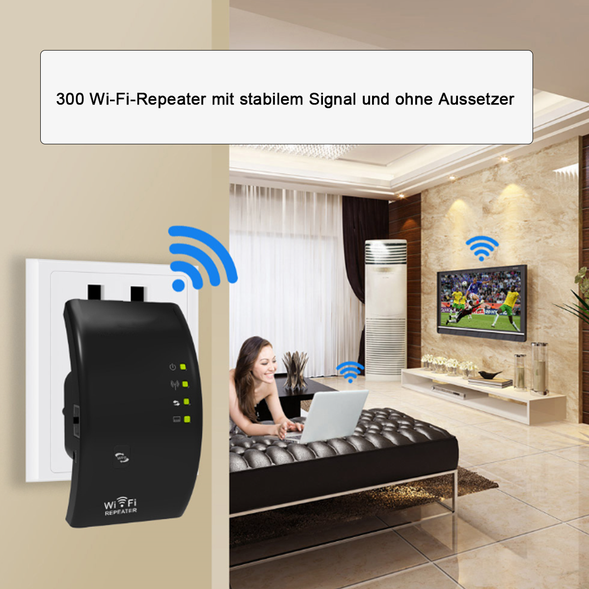 Schwarzer WLAN-Repeater in der Steckdose; Frau mit Laptop.