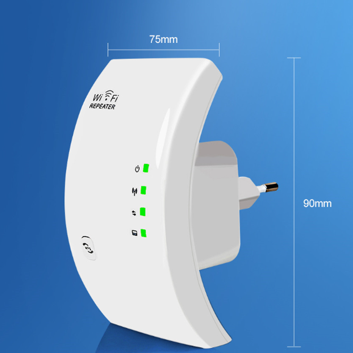 Weißer WLAN-Repeater mit Anzeigen und Stecker, beschriftet mit 'WiFi Repeater' mit Abmessungen.