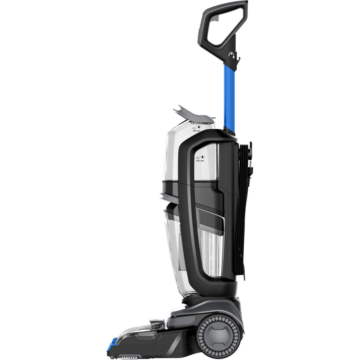 Seitenansicht einer weißen und schwarzen Bodenreinigungsmaschine, blauer Griff.
