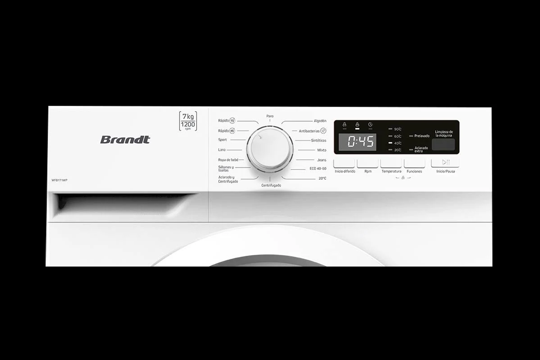 Panel de control de lavadora Brandt blanco. Tiene un dial, botones y una pantalla con hora y configuración.