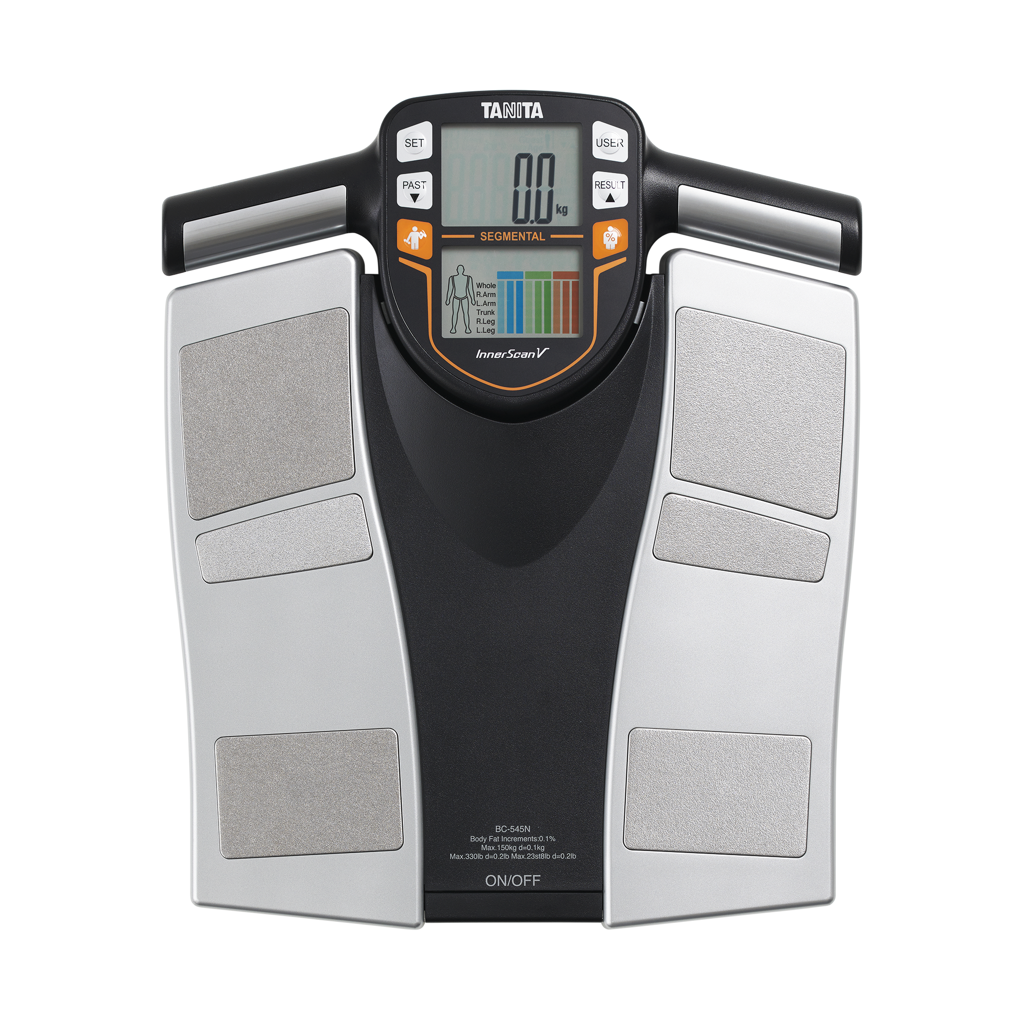 Cyfrowa waga do pomiaru tkanki tłuszczowej z czarno-srebrnym designem. Wyświetla wagę i dane ciała.