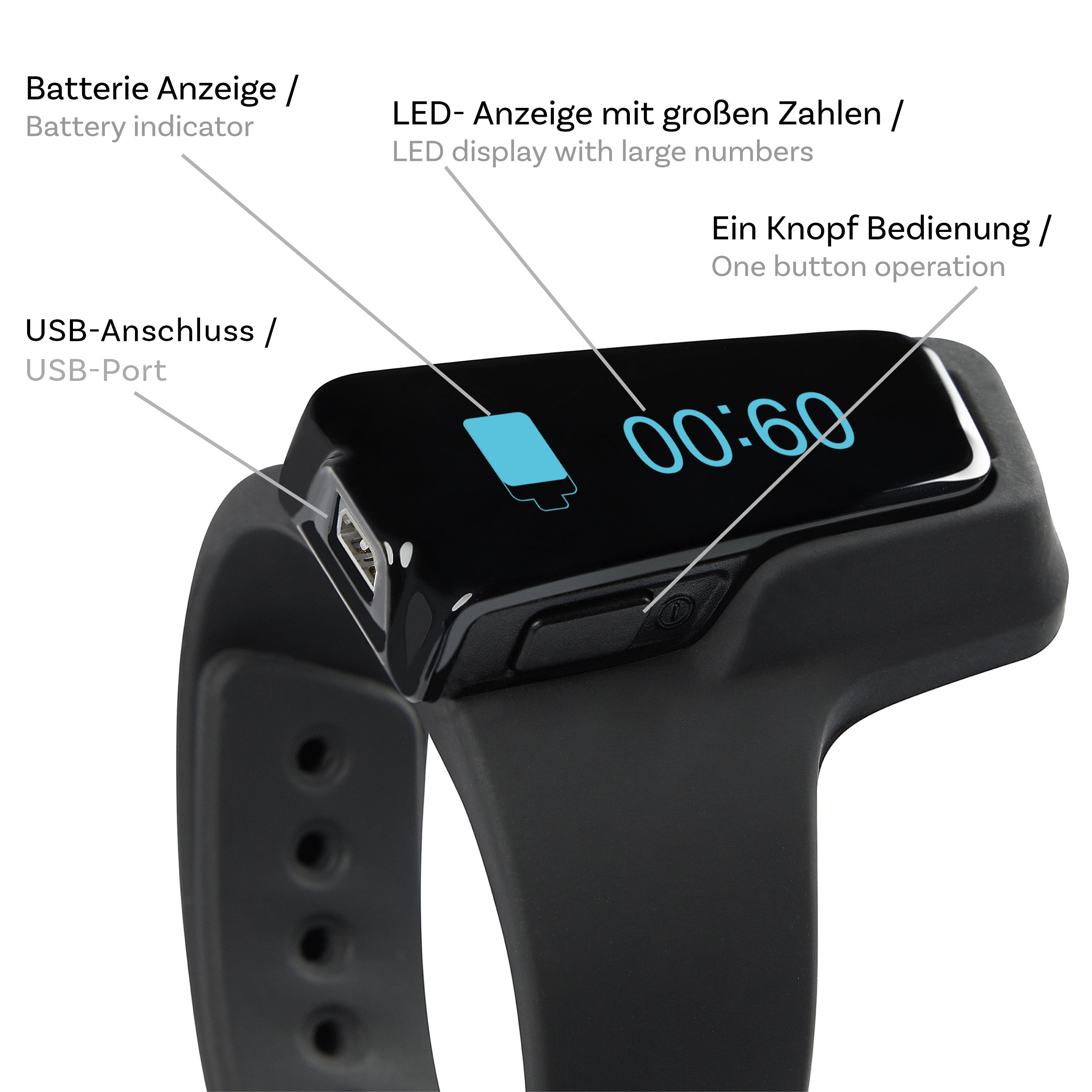 Schwarze Smartwatch mit Display, das Zeit und Akku anzeigt, und einem USB-Anschluss.