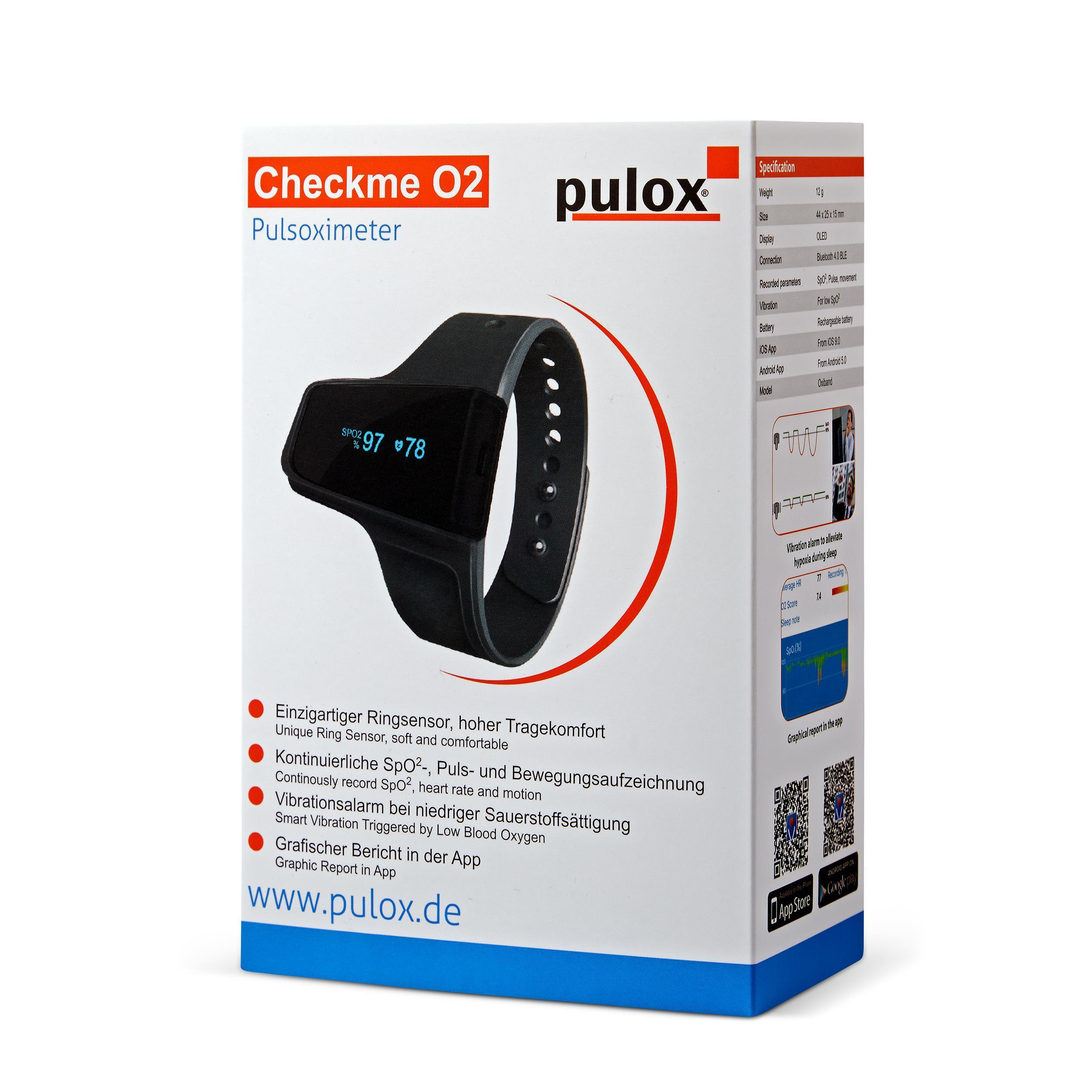 Ein schwarzes Checkme O2 Pulsoximeter mit Display und Spezifikationstext.