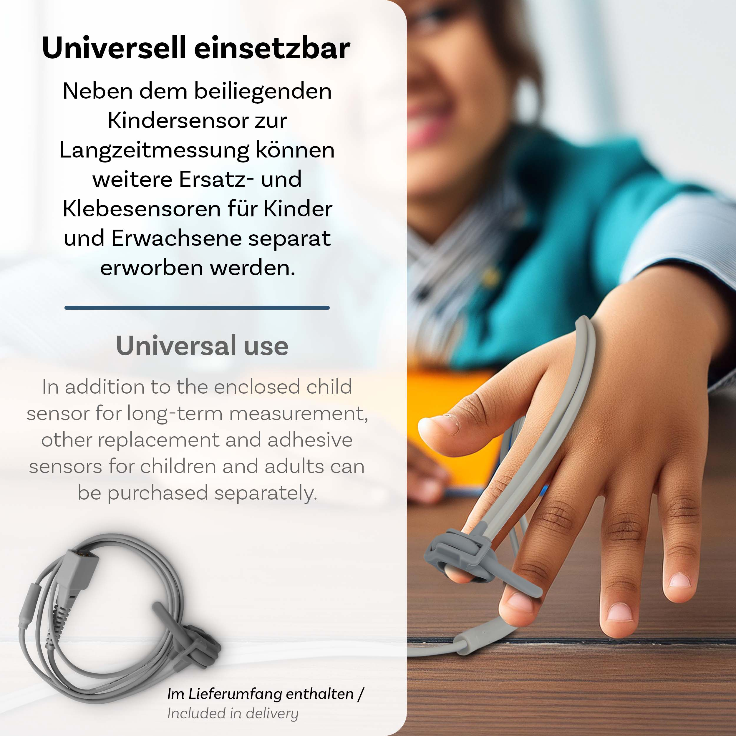 Eine Hand hält einen Sensor, der mit einem Gerät verbunden ist, mit Text über universelle Verwendung.