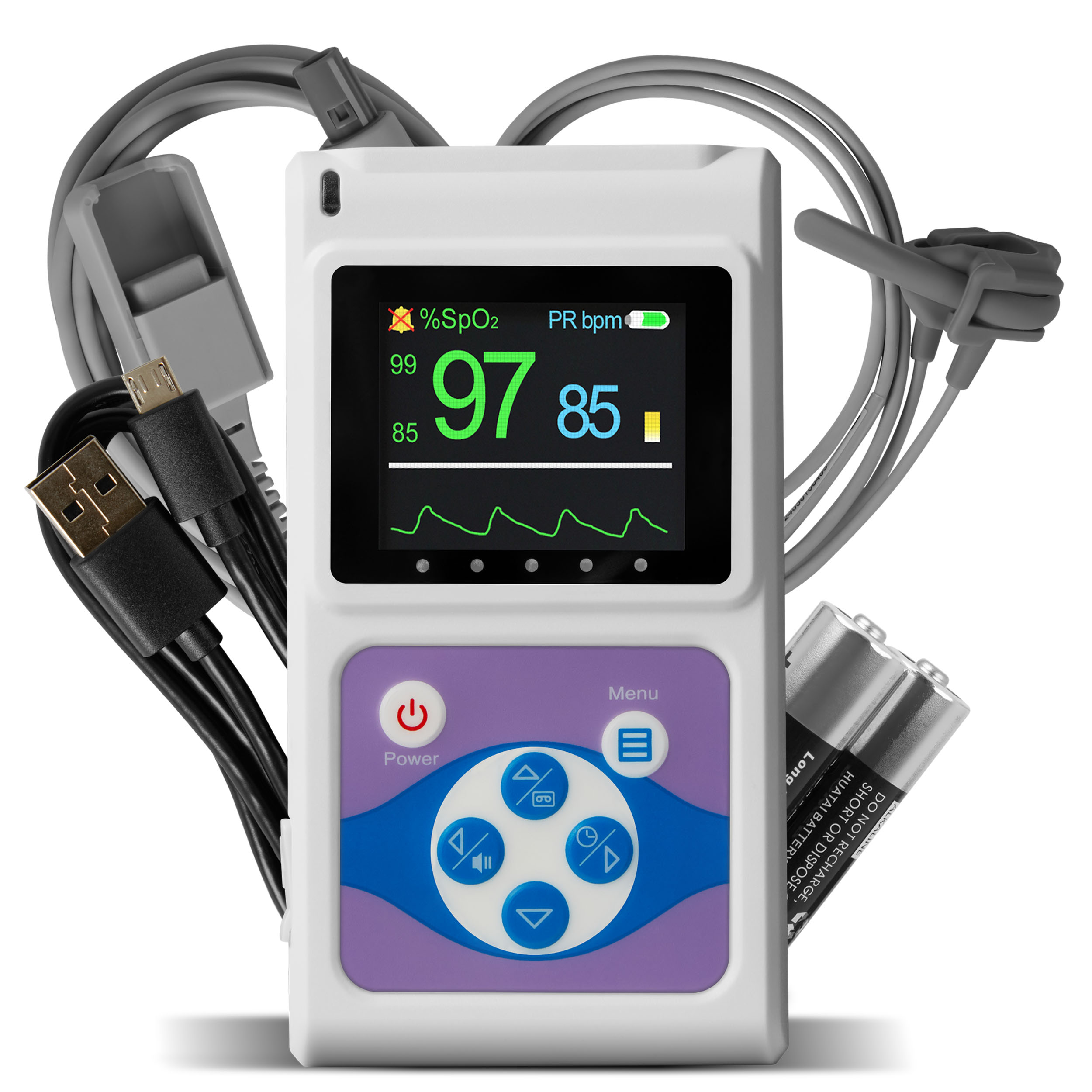 Medizingerät zeigt SpO2, PR und Wellenformen. Kabel bilden eine Herzform. Zwei Batterien liegen neben dem Gerät.