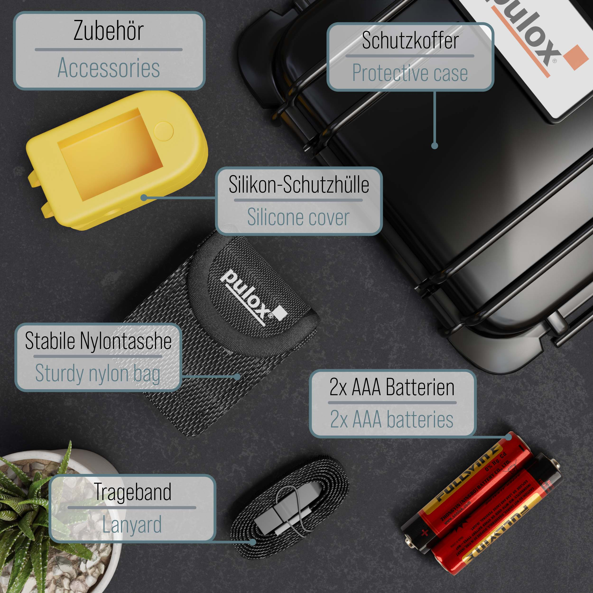 Draufsicht auf Zubehör: gelbes Gehäuse, schwarze Tasche, Schlüsselband, Batterien und eine Pflanze.