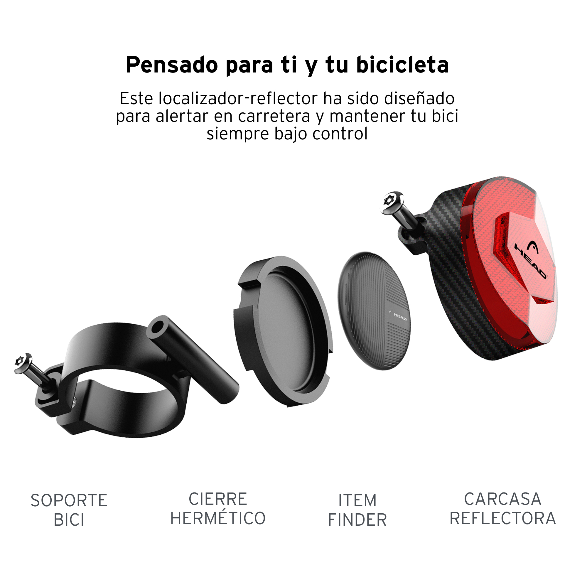 Kit de reflector para bicicleta: soporte negro, montaje, buscador de objetos y reflector rojo.