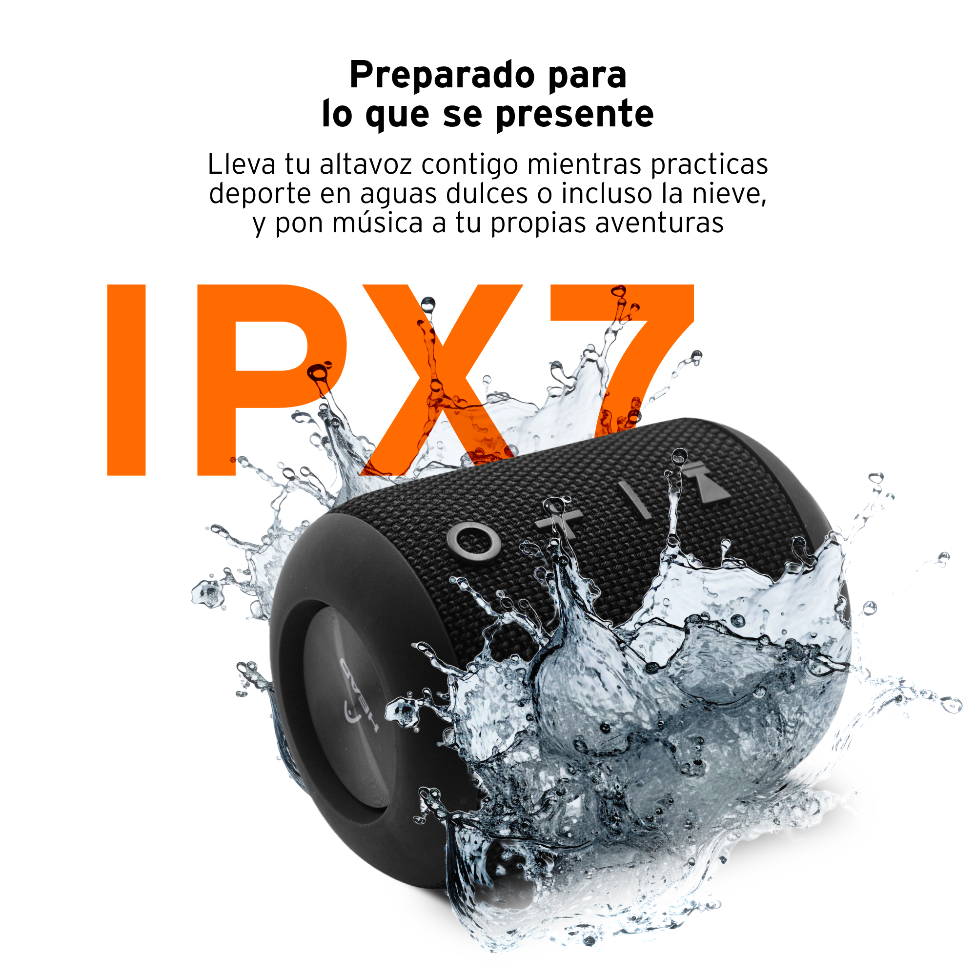 Czarny, wodoodporny głośnik w wodzie, z rozpryskami. Widoczne słowo IPX7.