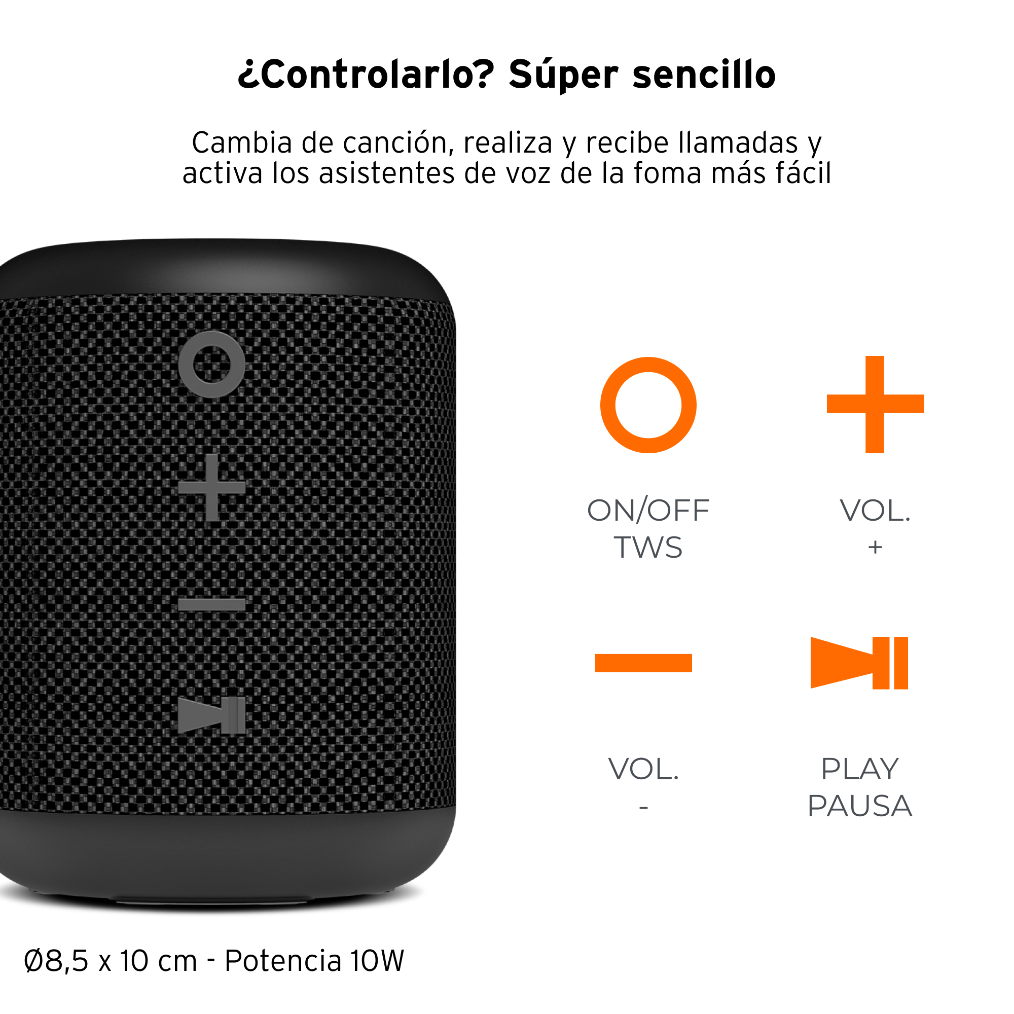 Czarny głośnik z przyciskami sterowania i wskaźnikami głośności na białym tle.