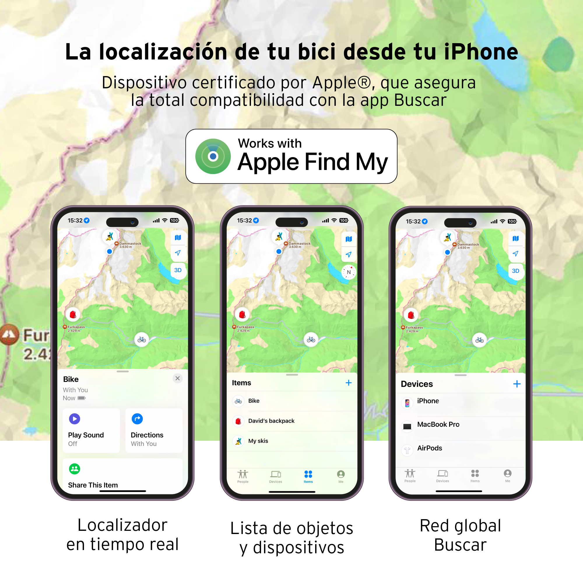Tres pantallas de iPhone que muestran la ubicación de la bicicleta a través de Apple Find My, con vistas de mapa y interfaz de la aplicación.