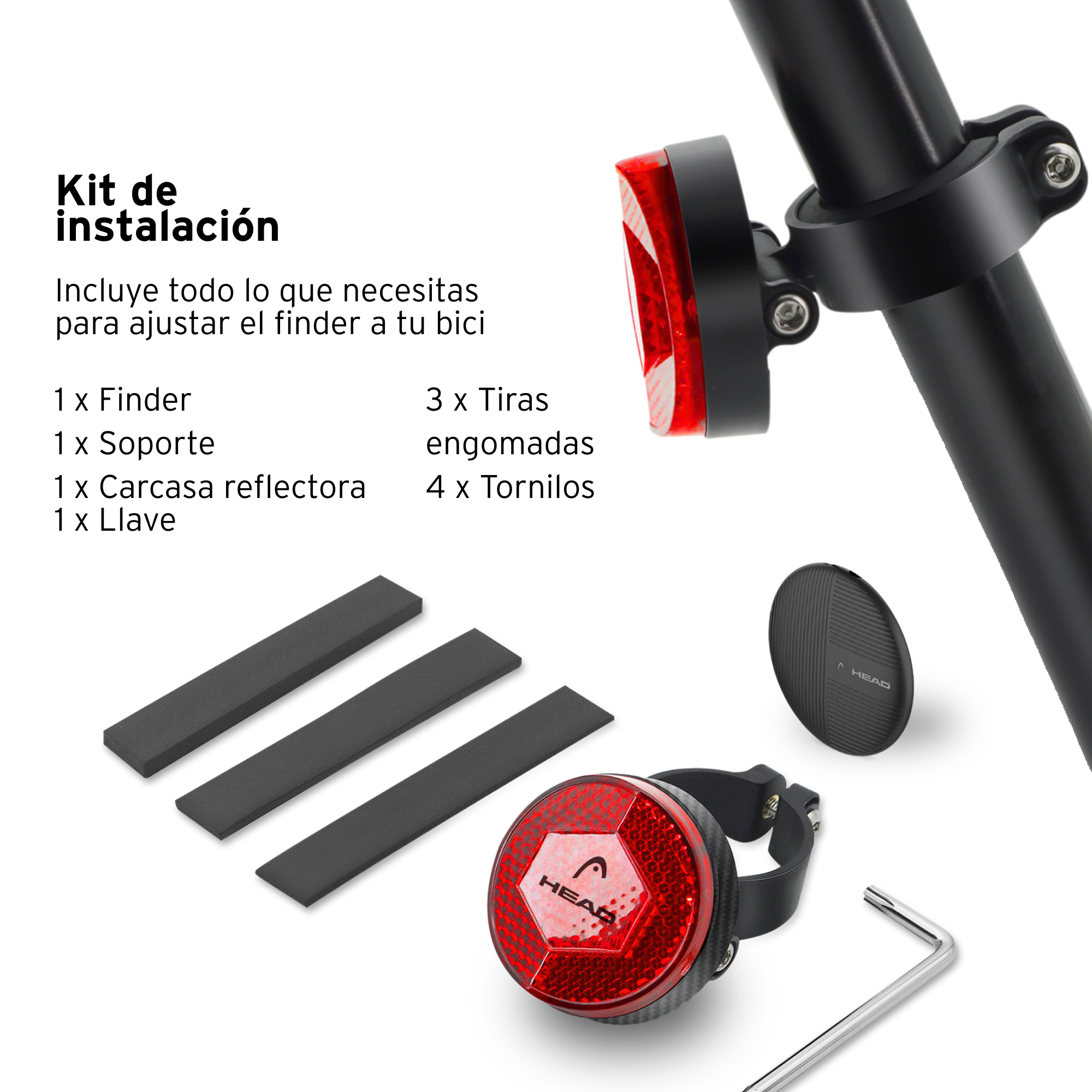 Kit de luz para bicicleta con reflector, soporte, tiras de goma, tornillos y una llave inglesa sobre fondo blanco.