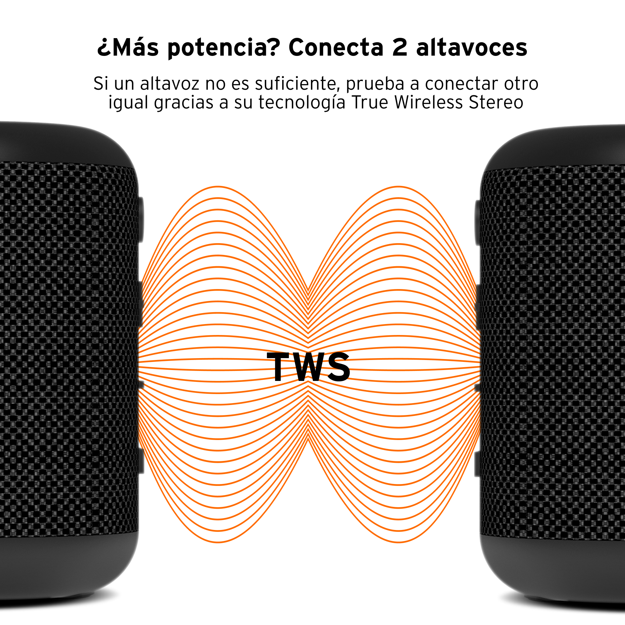 Dwa czarne głośniki z pomarańczową ilustracją fali dźwiękowej pomiędzy nimi.