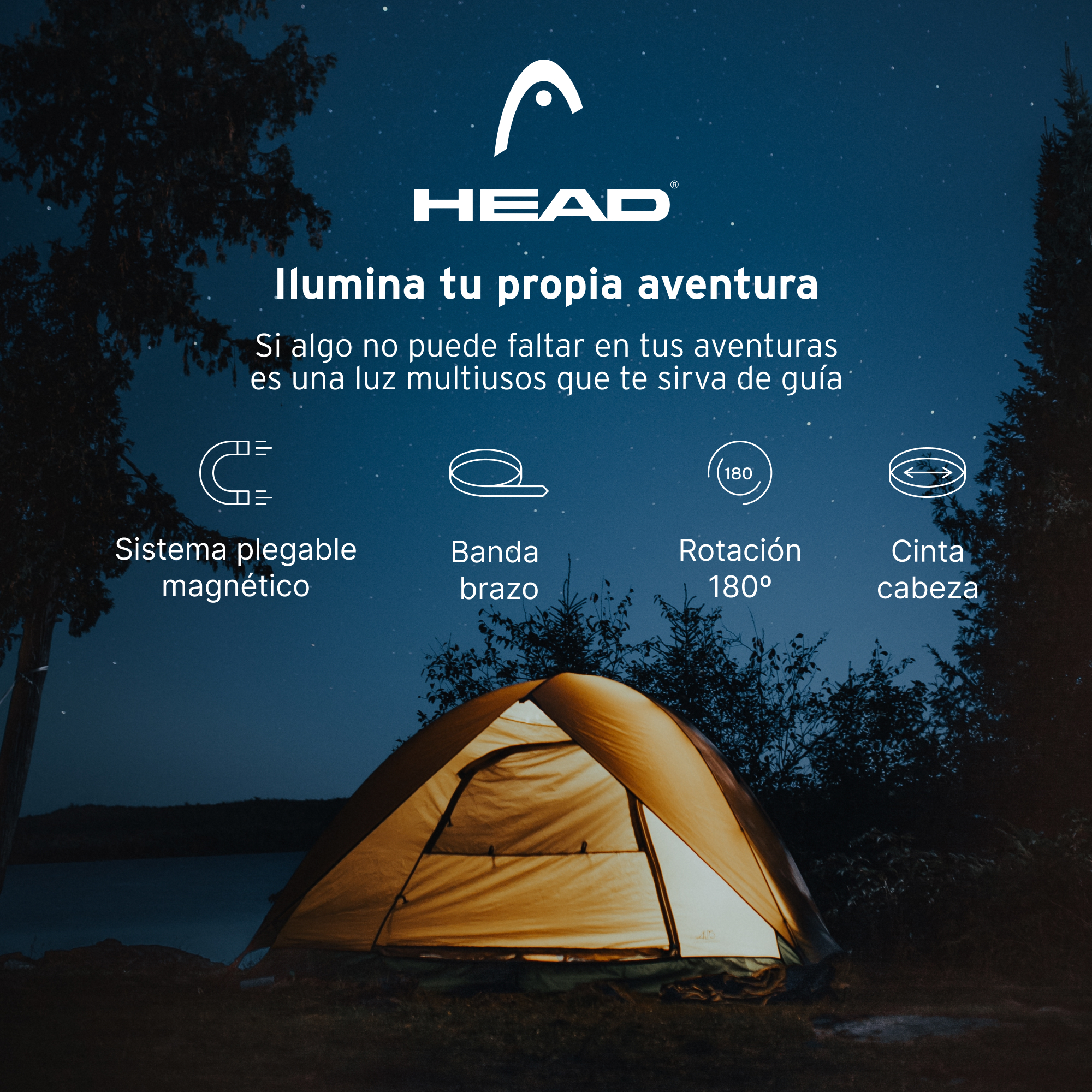 La imagen muestra una tienda de campaña por la noche con texto sobre una luz de aventura.