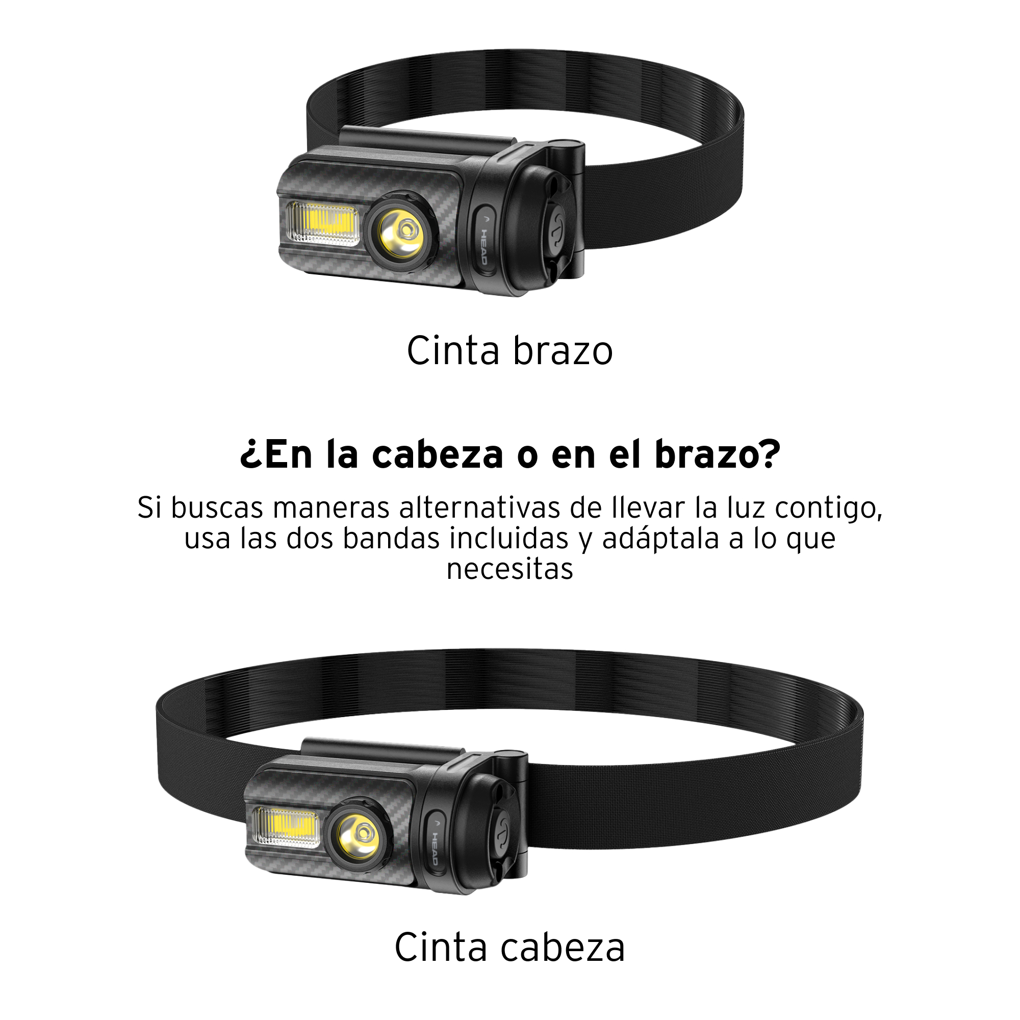 Dos faros con correas negras. Uno para la cabeza, otro para el brazo. Texto en español.
