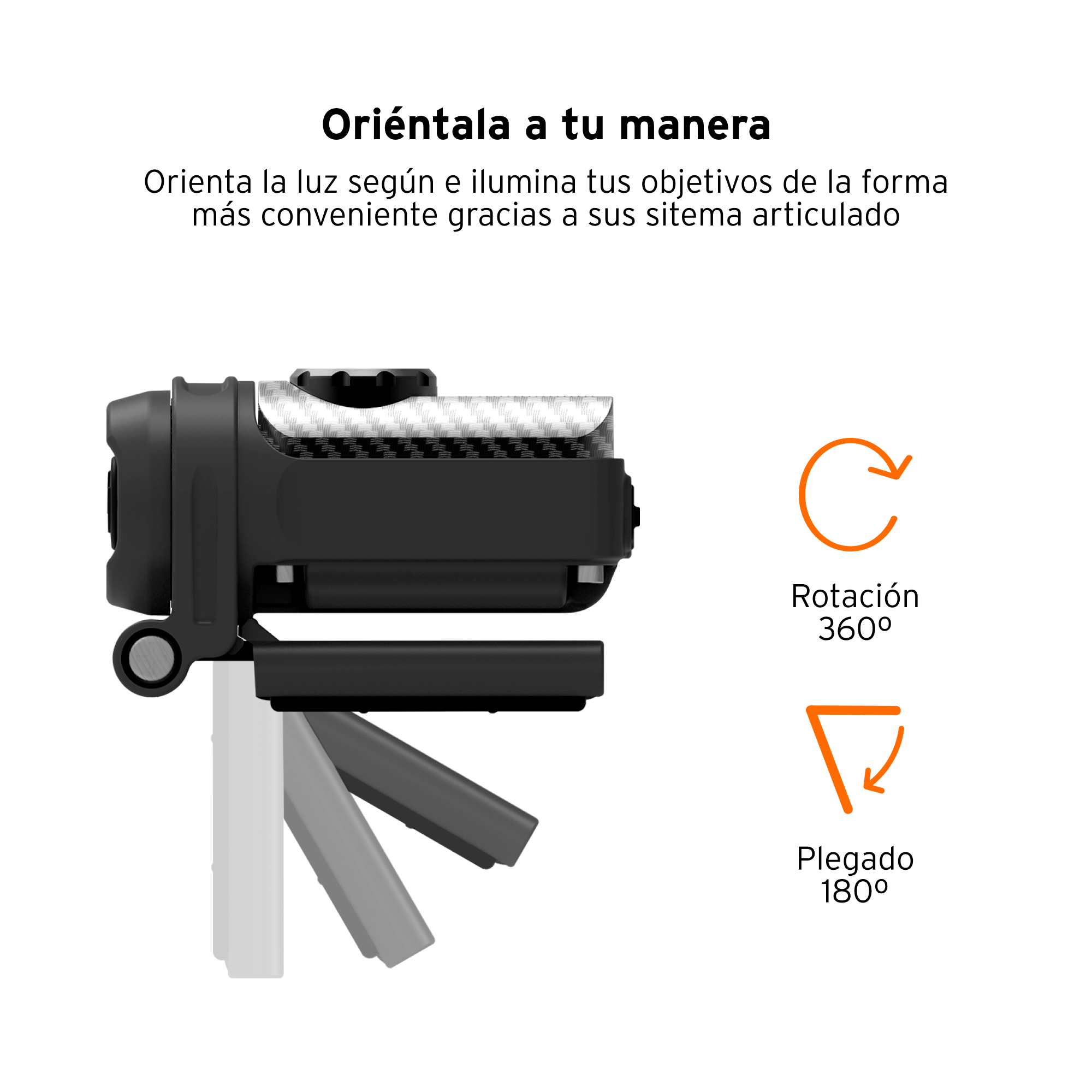 Cámara negra con flechas de rotación y texto naranja. Fondo blanco.