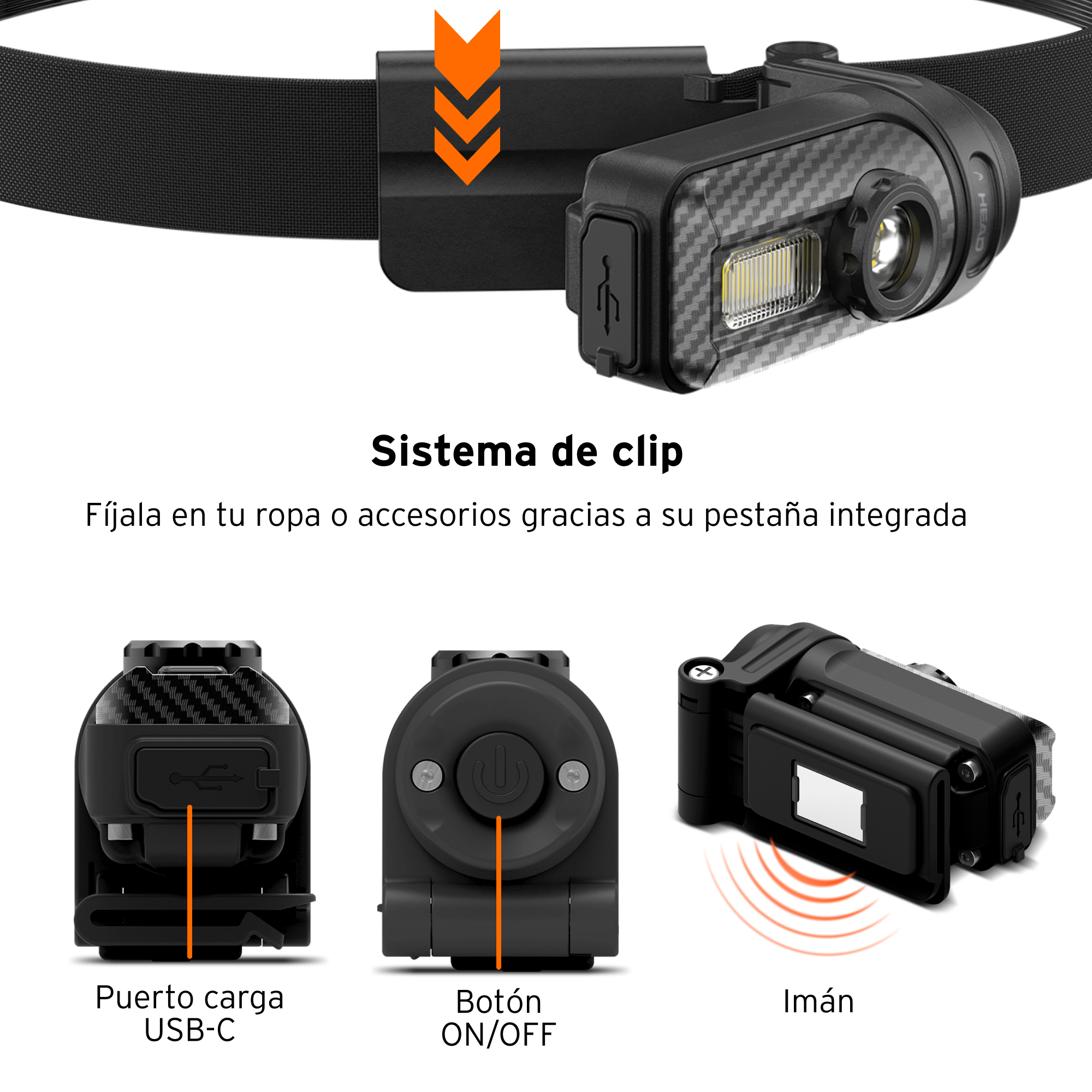 Un faro negro con correa, puerto USB-C y botón de encendido/apagado, con base magnética.