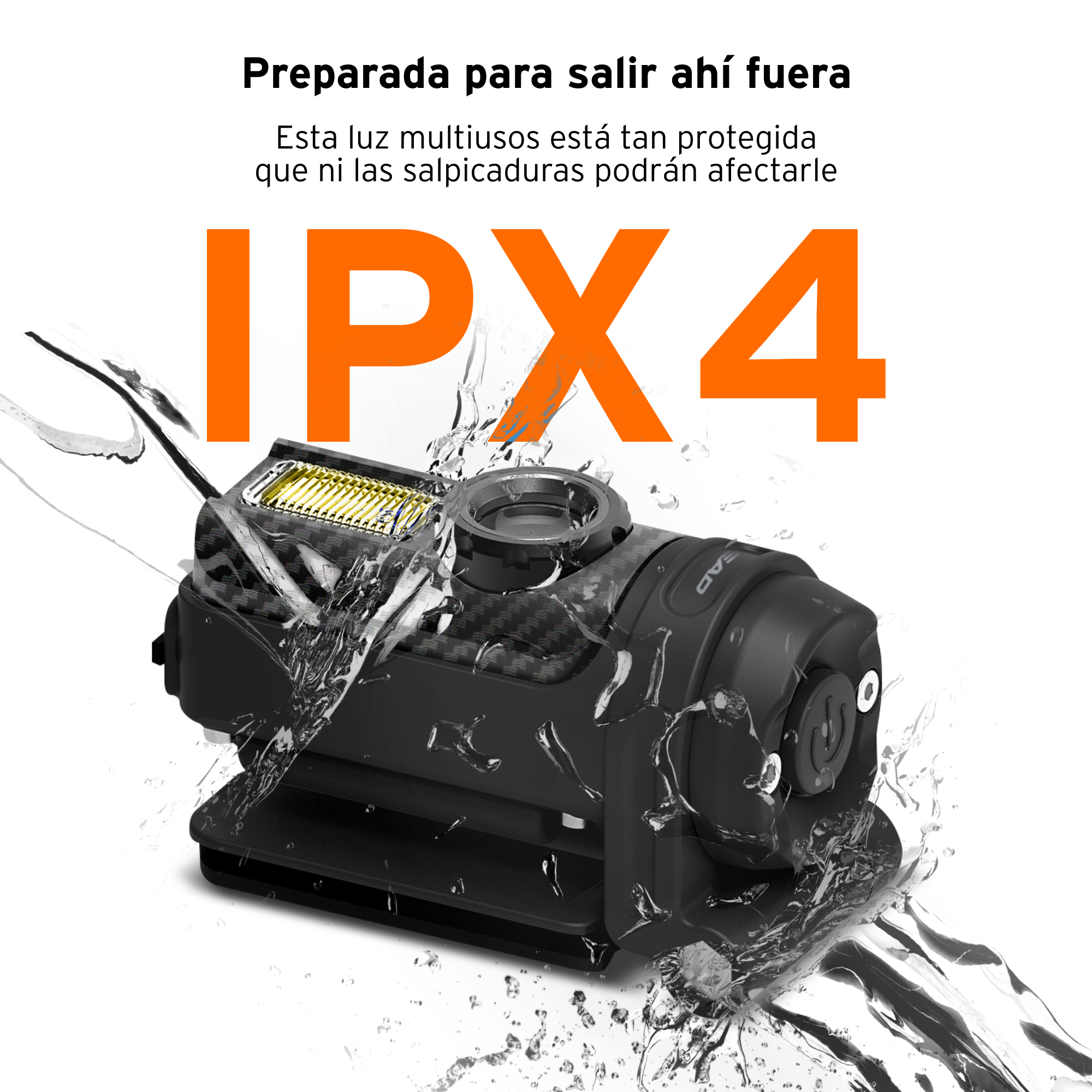 Dispositivo negro con salpicaduras de agua y texto IPX4.
