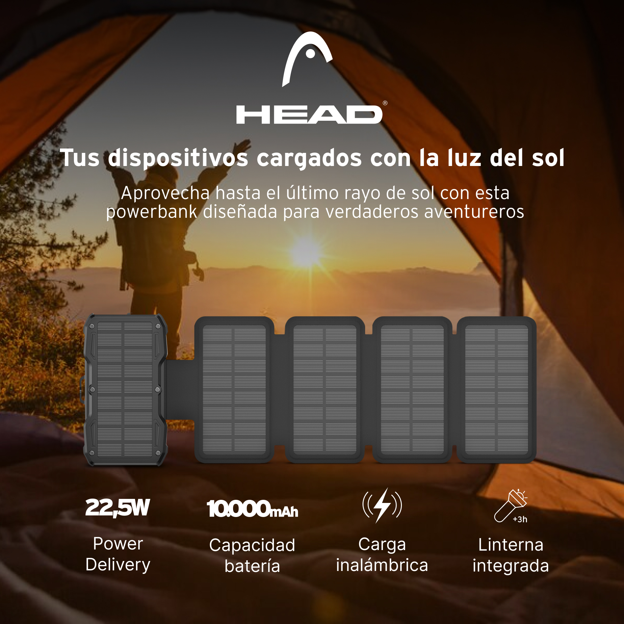 Un banco de energía con panel solar cargando en una tienda. Texto dice 'carga con luz solar'.