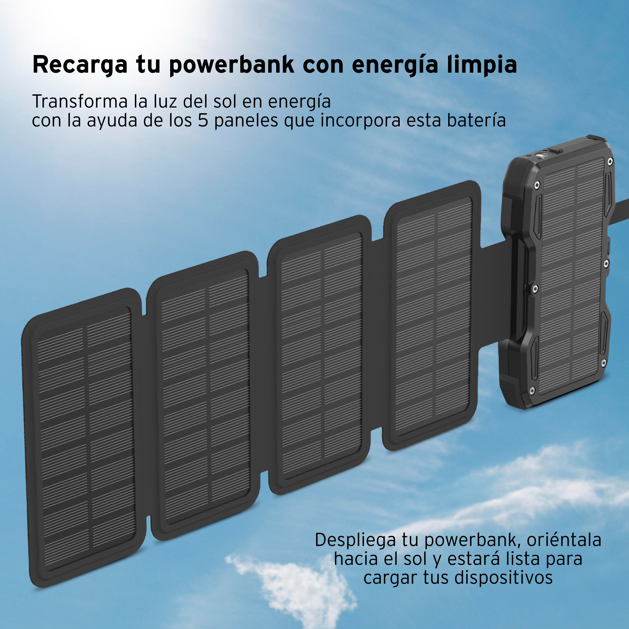 Un dispositivo de panel solar plegable que carga un banco de energía. El texto dice: 'Recarga tu banco de energía con energía limpia'.