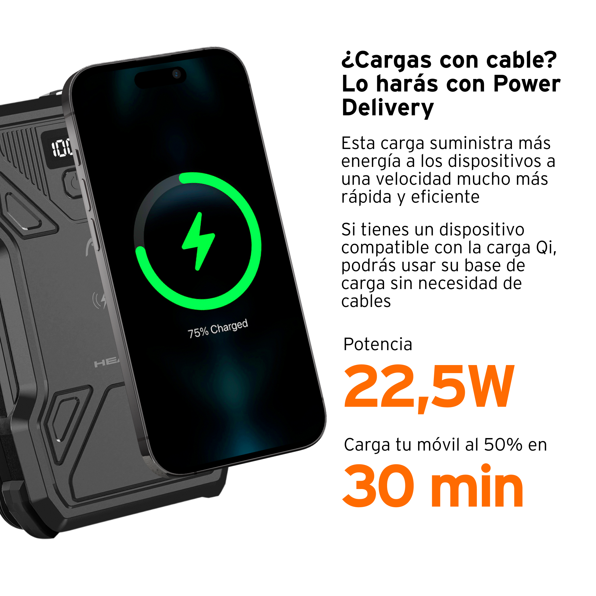 Banco de energía negro cargando un teléfono con un rayo verde en la pantalla.