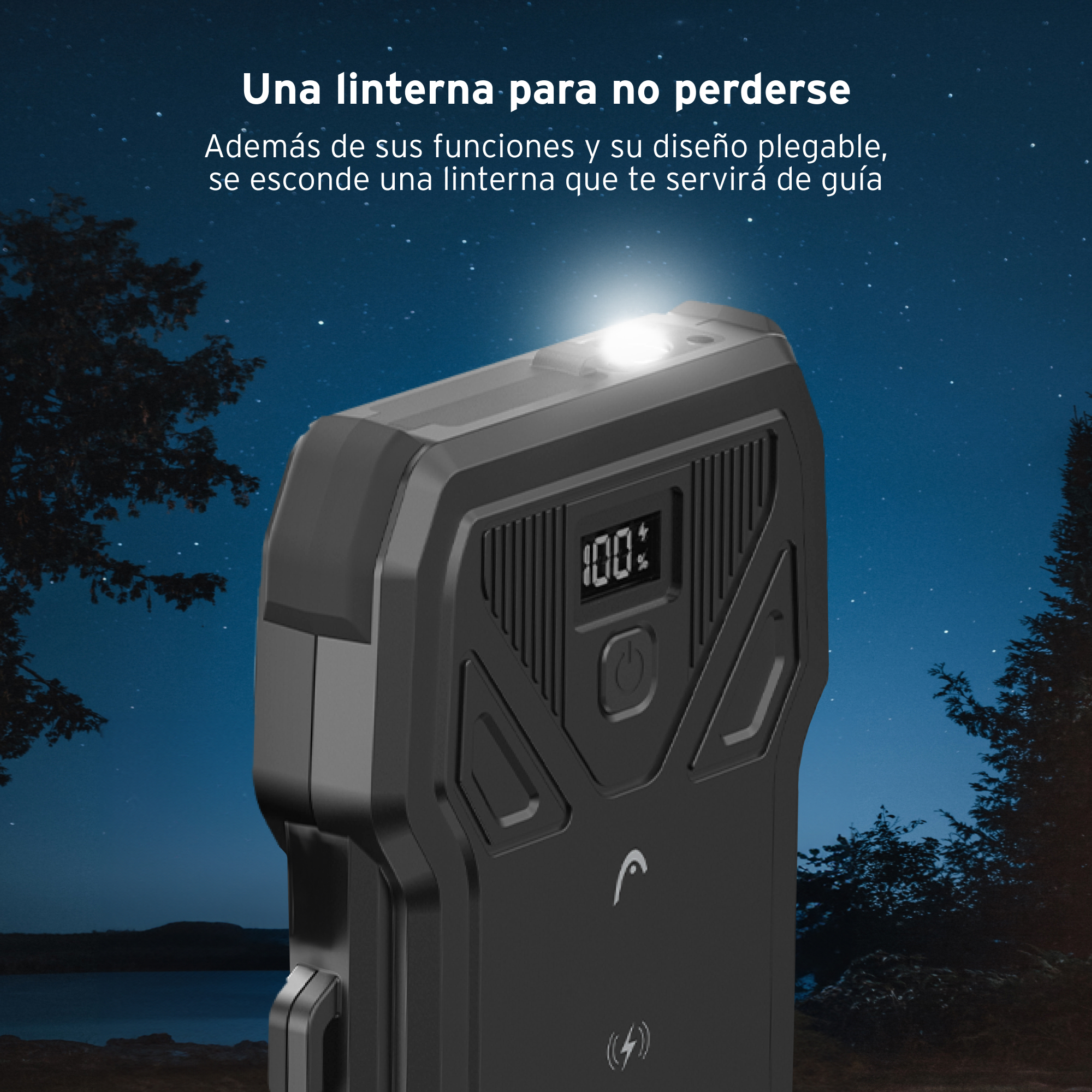 Un dispositivo negro con una pantalla que muestra el 100%, y una luz brillante en la noche.