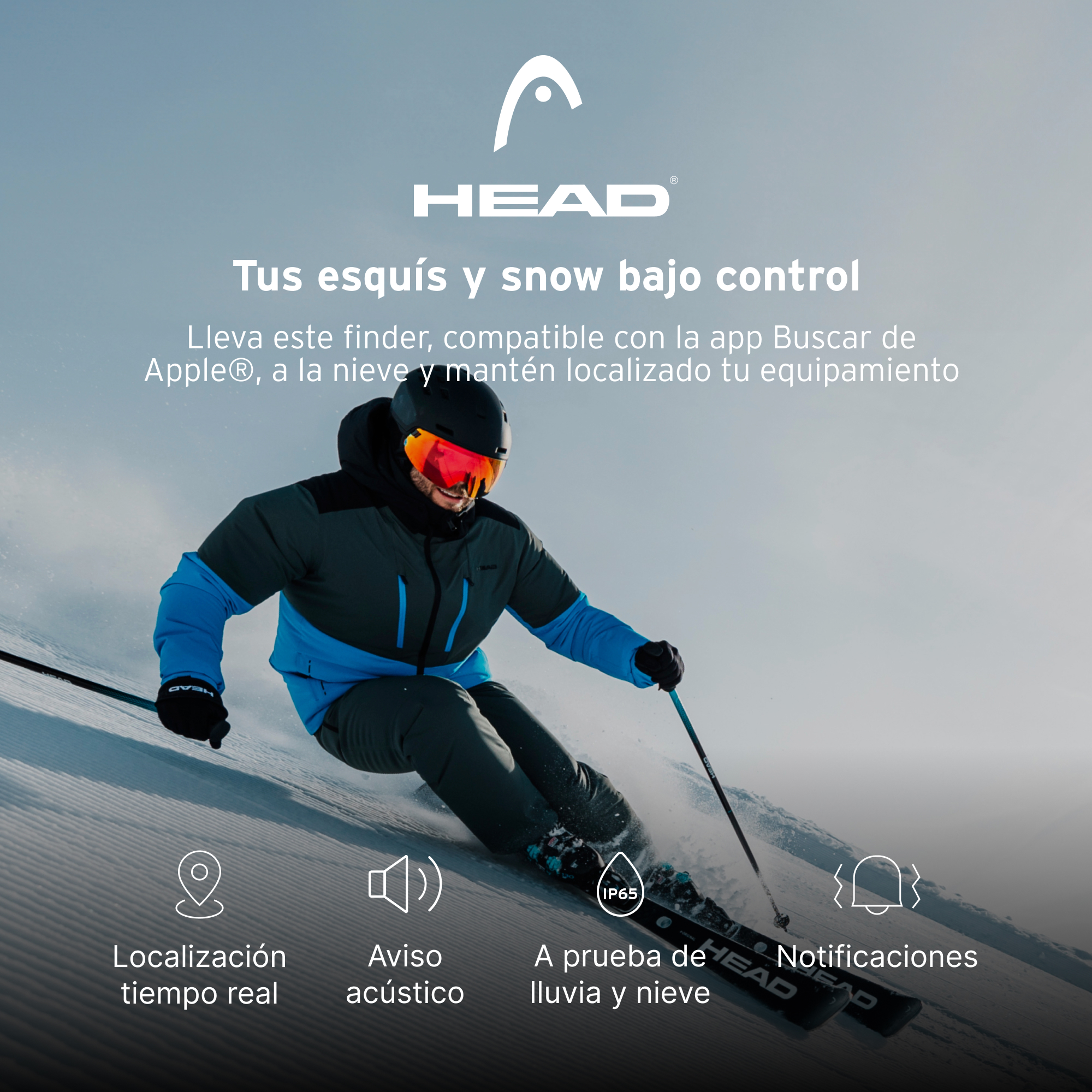 Eskiador en acción en una ladera nevada, usando casco y gafas. Texto: HEAD, buscador de nieve.