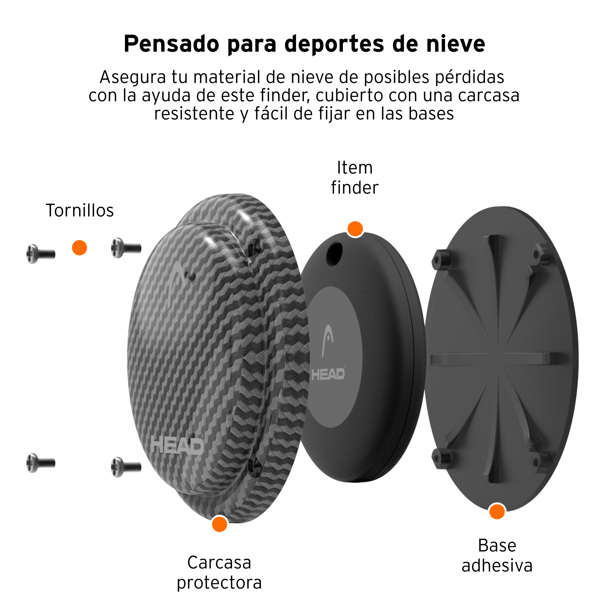 Vista explosionada de un buscador de artículos deportivos de nieve, con funda protectora y base.