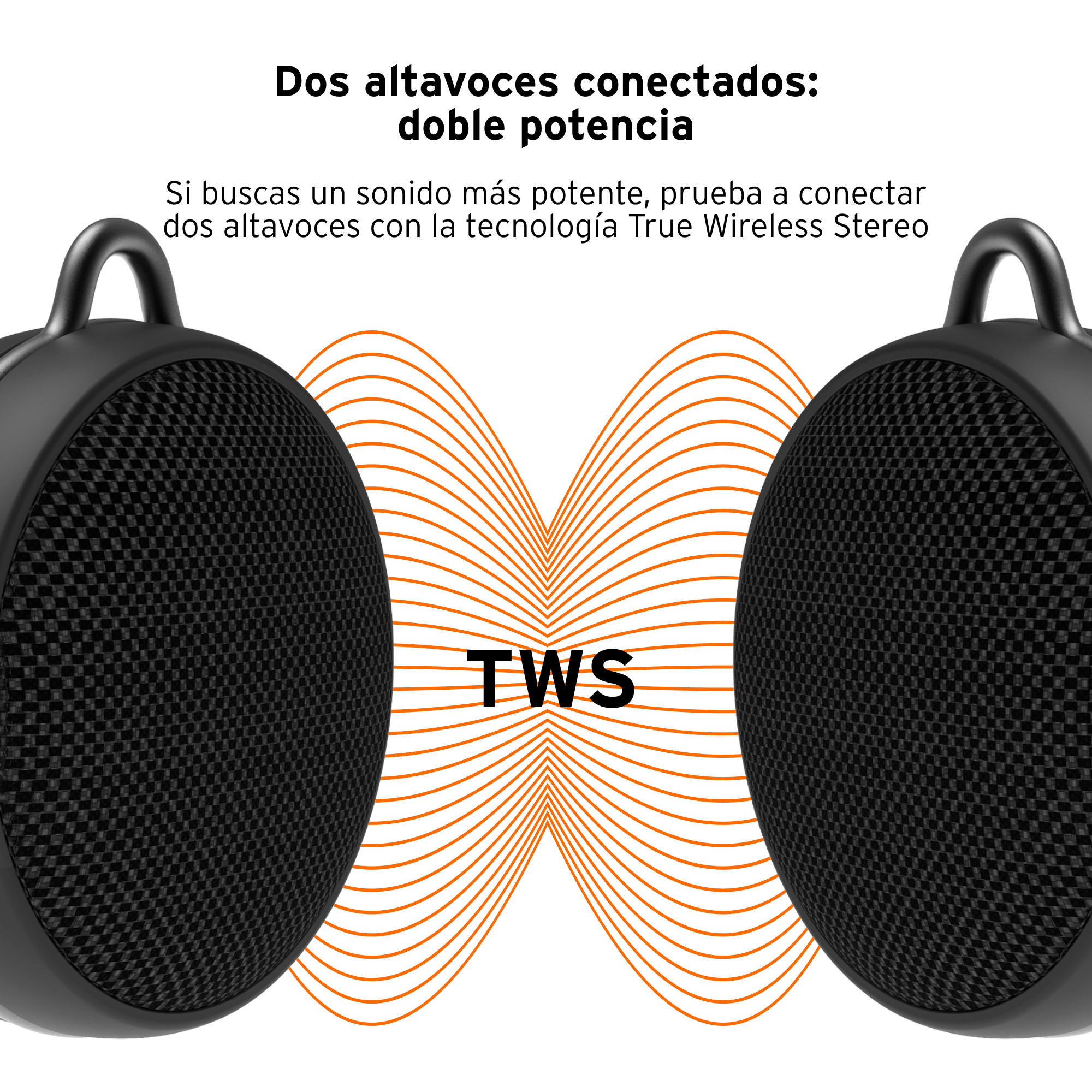 Dwa czarne głośniki z pomarańczowym symbolem TWS. Tekst: 'Dos altavoces conectados: doble potencia'.