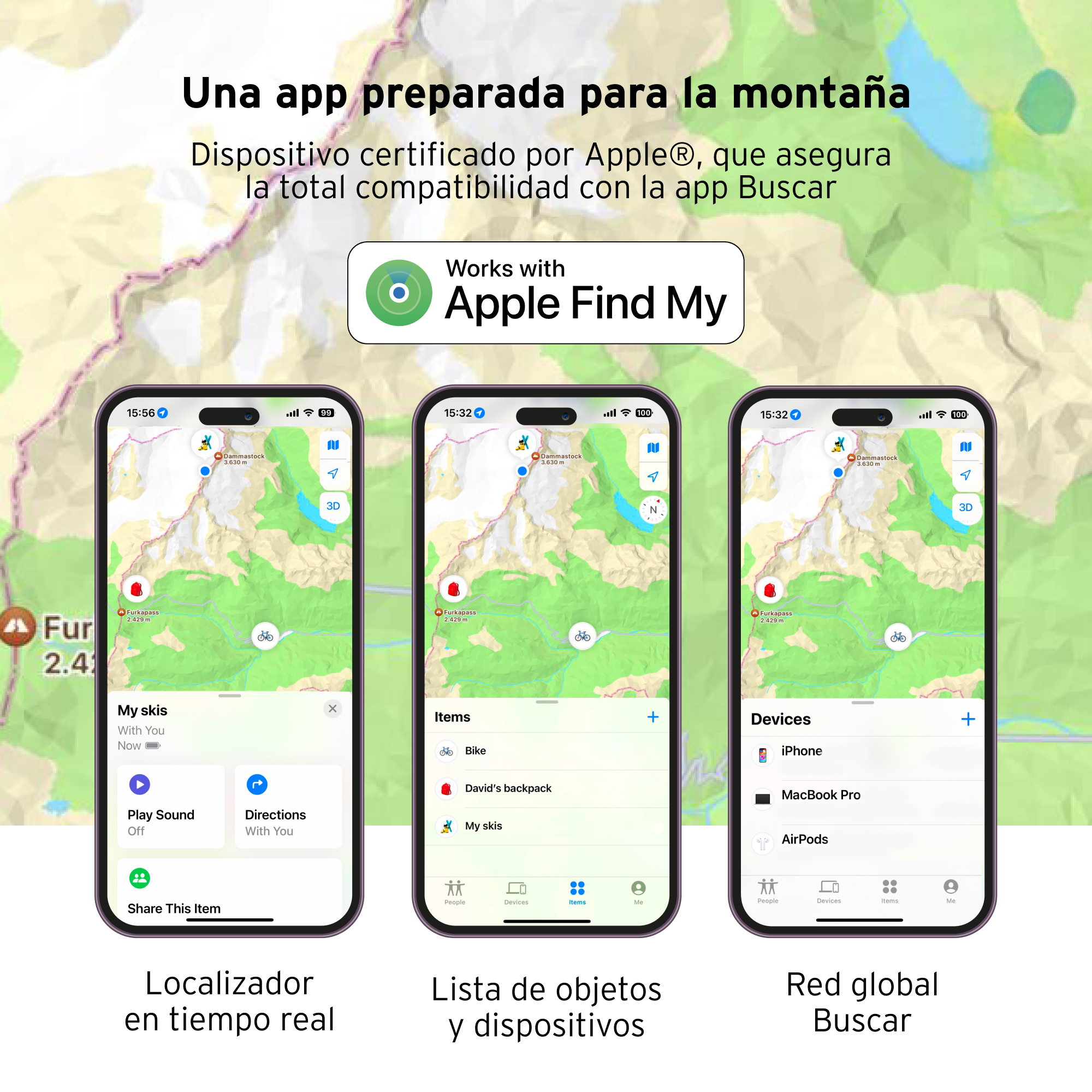 Tres teléfonos mostrando mapas y funciones de la app. El texto en español incluye 'Apple Find My'.