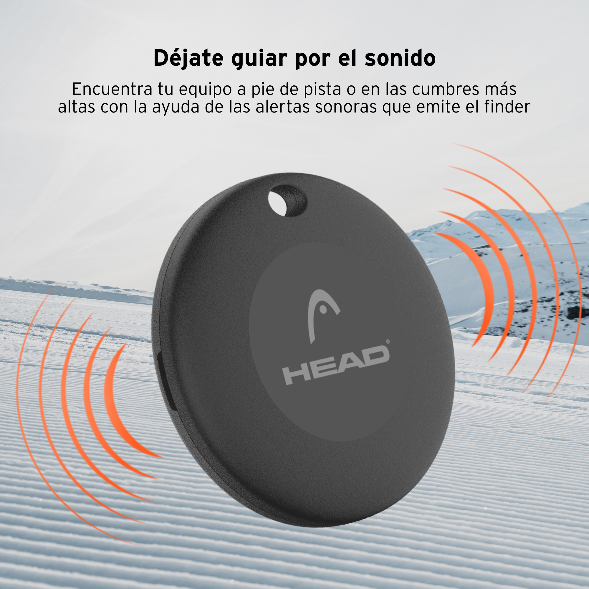 Buscador 'HEAD' negro sobre nieve. Dispositivo circular con ondas sonoras naranjas.