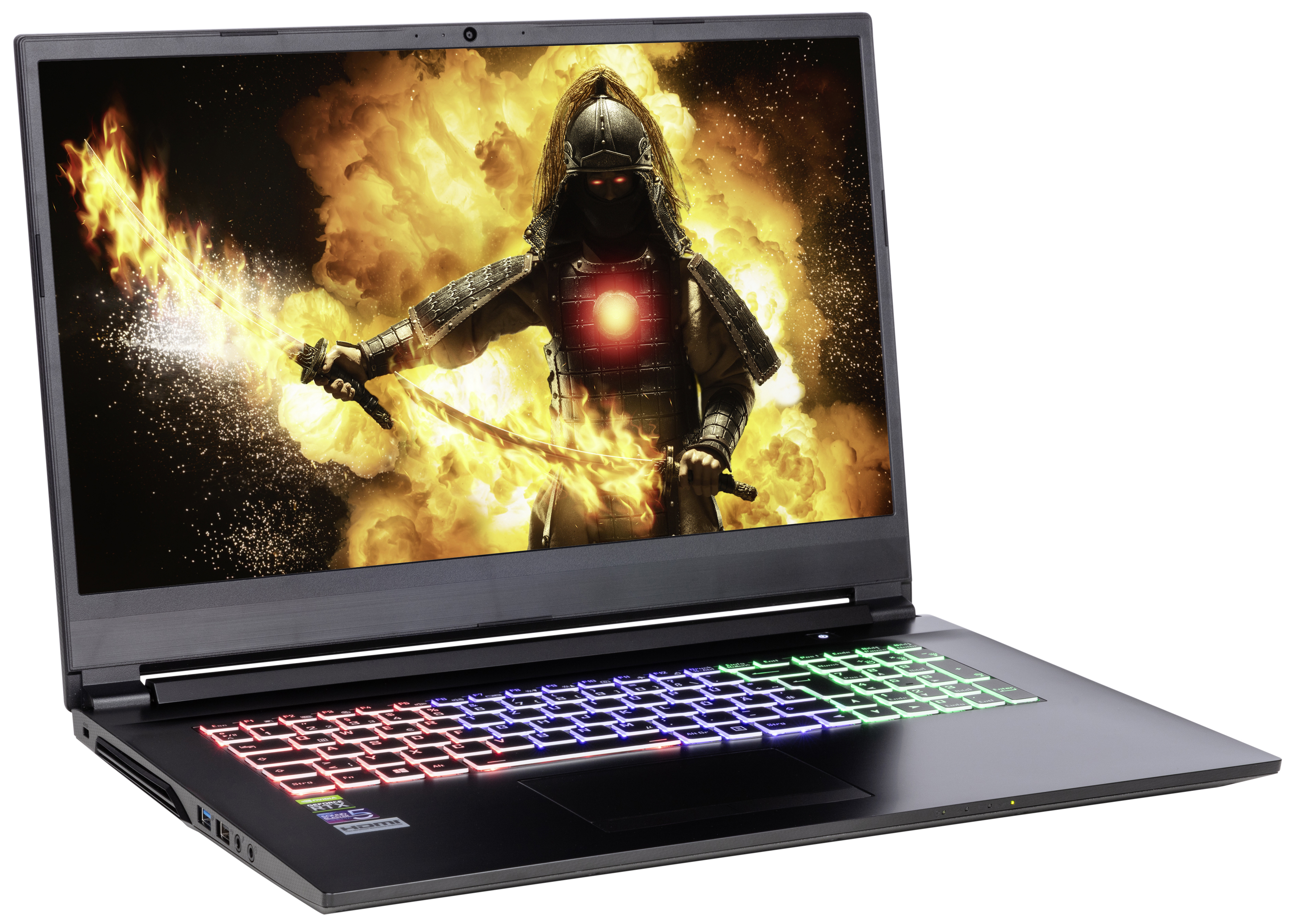 Laptop da gioco nero con samurai in battaglia su sfondo infuocato e tastiera RGB.