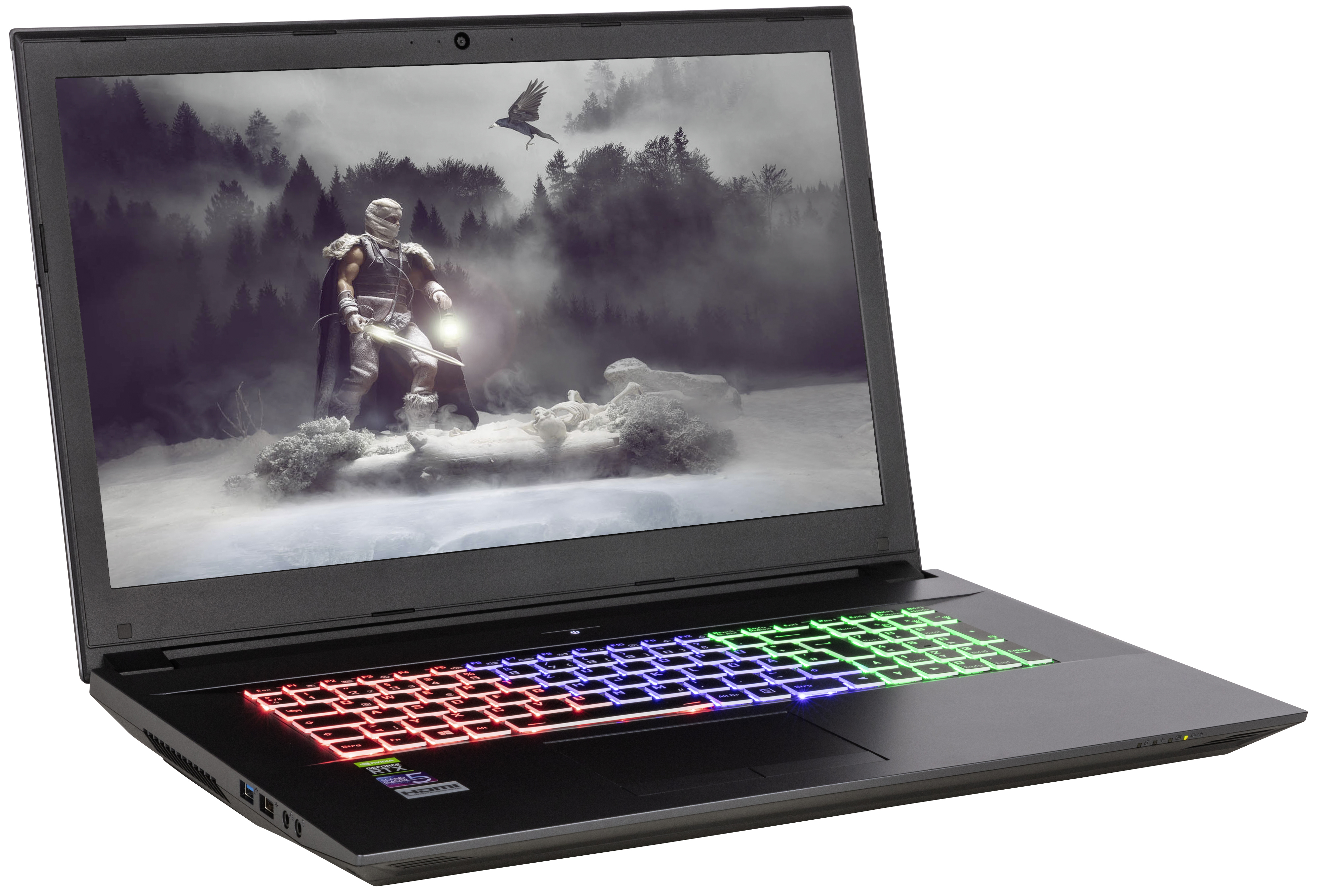 Un laptop nero che mostra una scena innevata con un guerriero e un uccello.