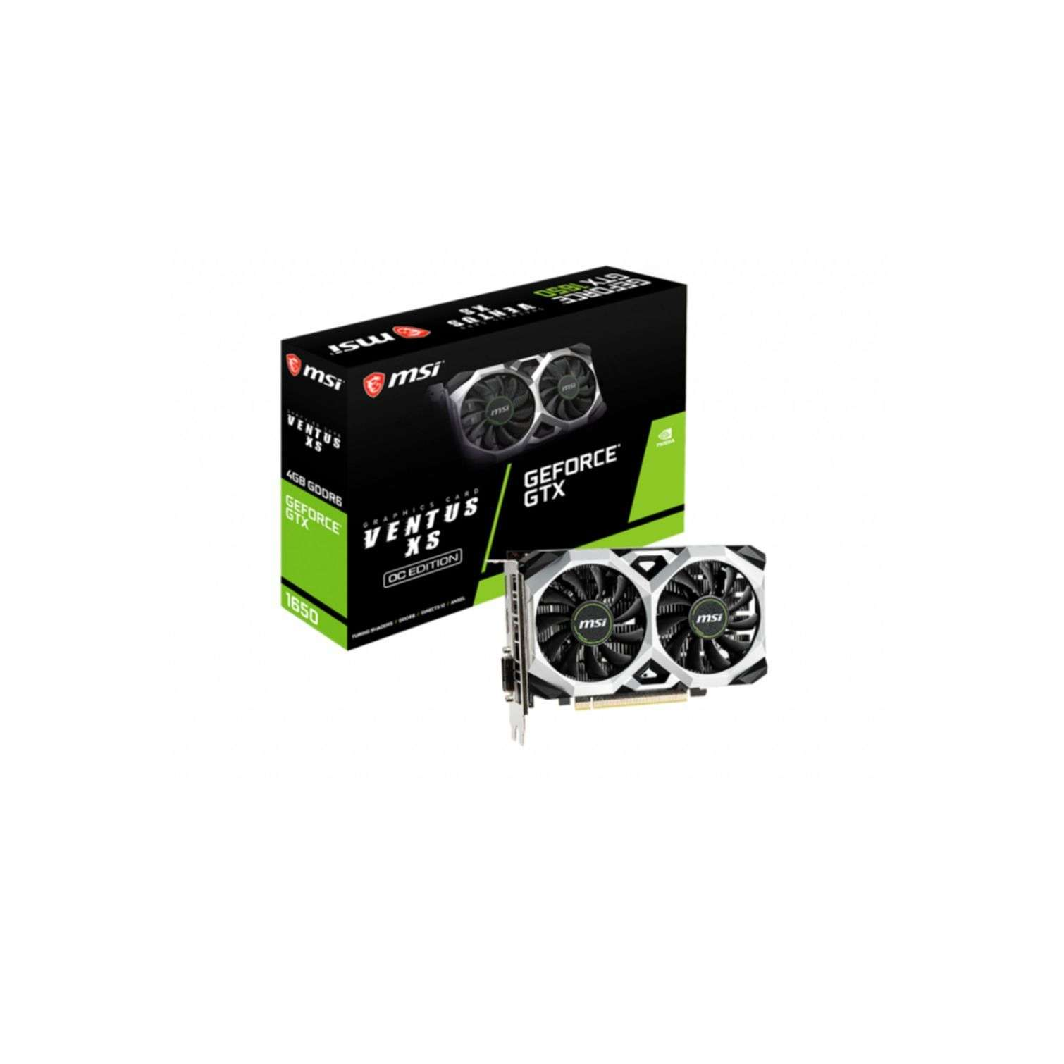 MSI Ventus XS OC Edition Grafikkarte, Box und Karte selbst, weißer Hintergrund.