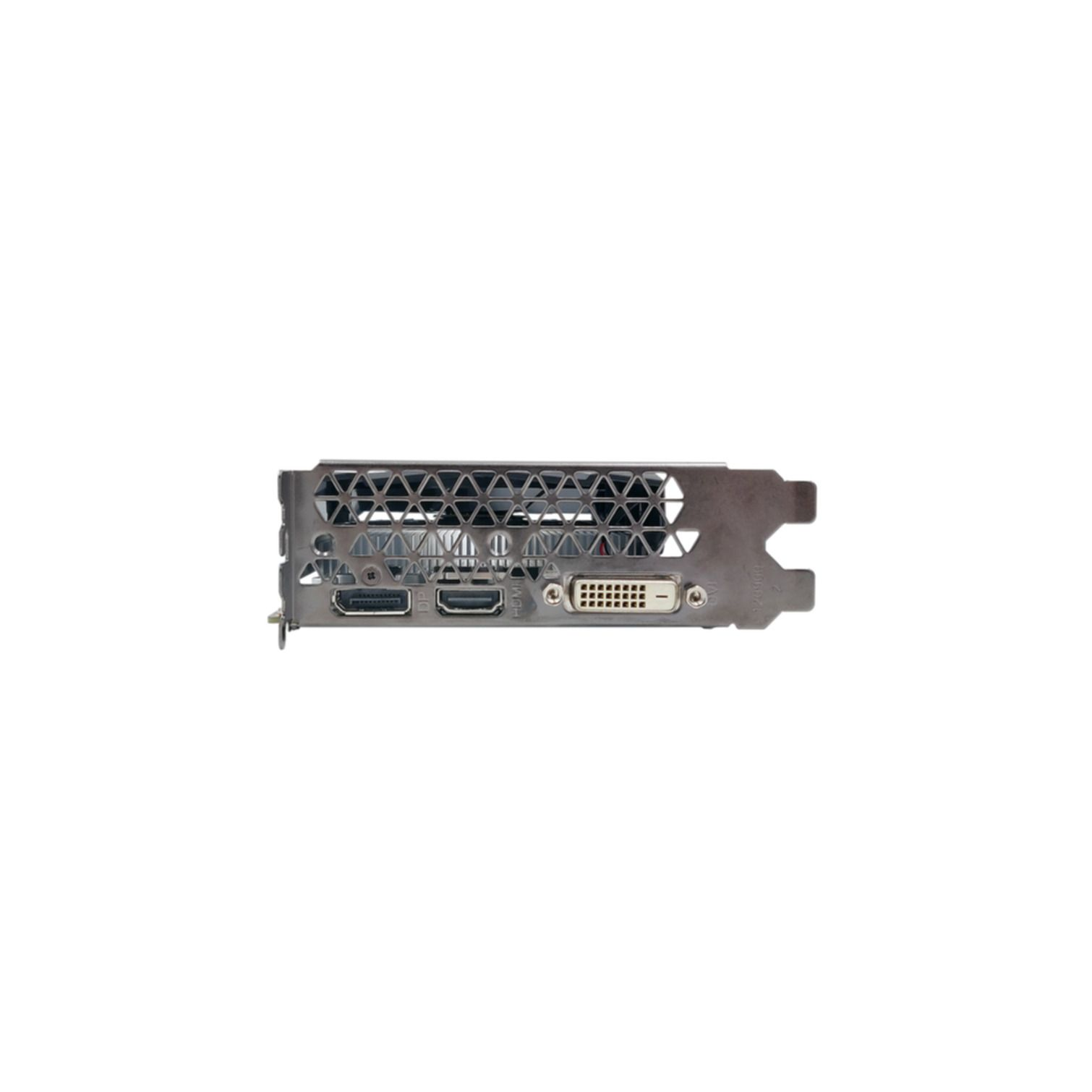Eine Computer-Grafikkarte mit verschiedenen Anschlüssen, darunter HDMI und DVI, vor weißem Hintergrund.