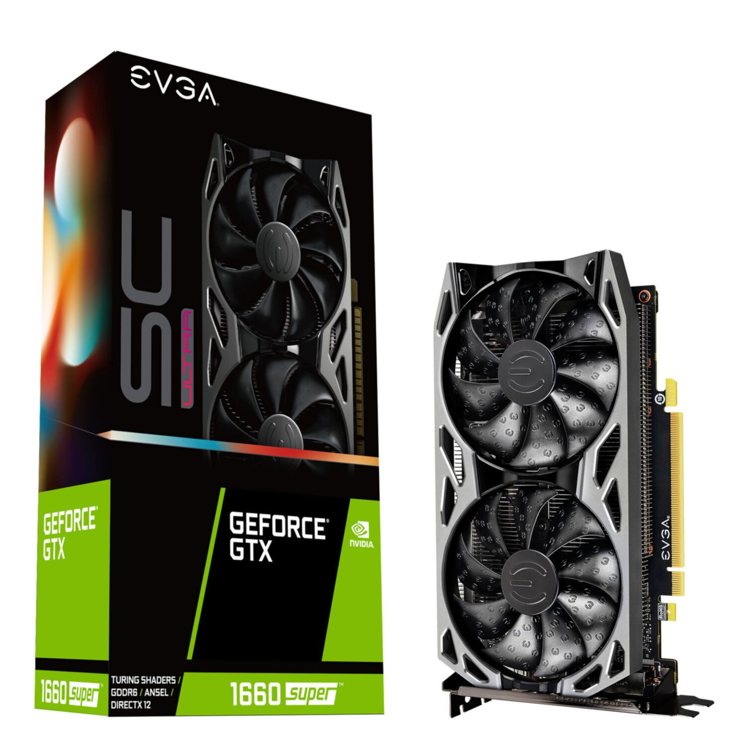EVGA GeForce GTX 1660 SUPER Grafikkarte mit Box und Lüftern auf weißem Hintergrund.