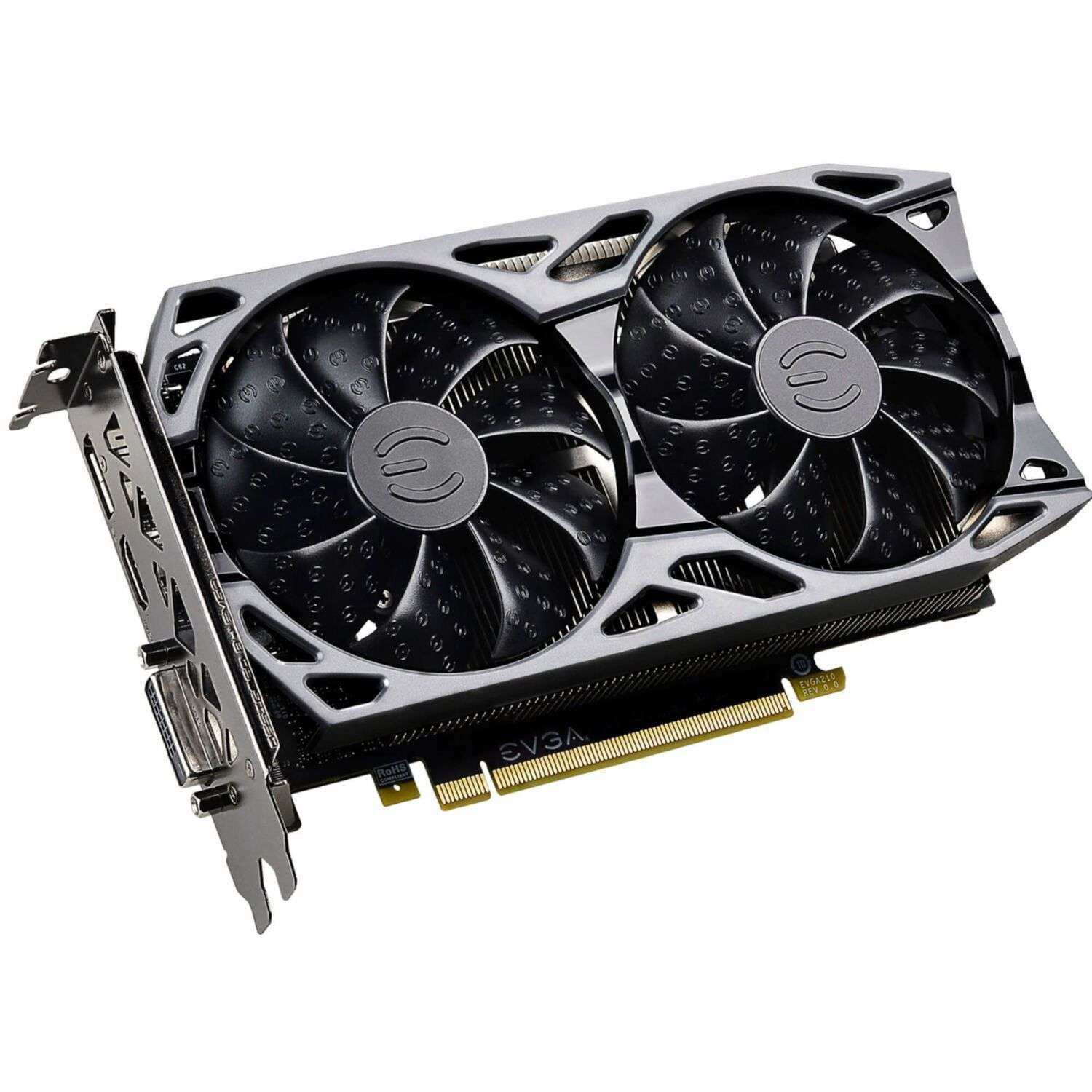 Eine schwarze und silberne GPU mit zwei Lüftern. Die Lüfter haben das EVGA-Logo.