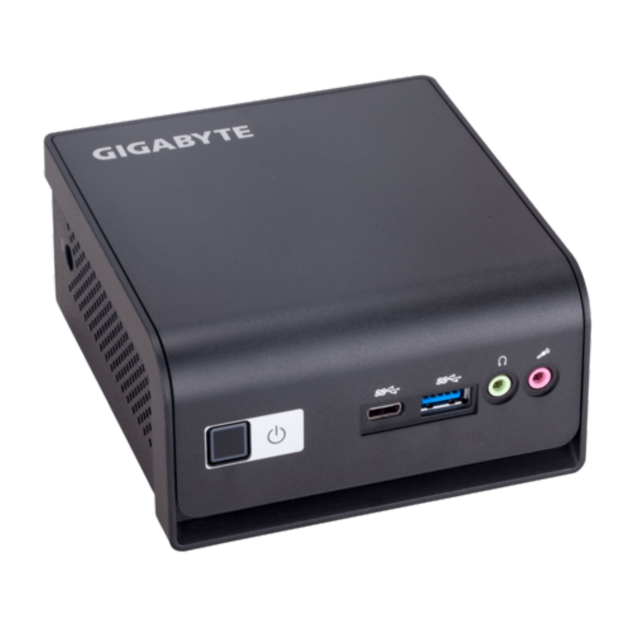 Ein schwarzer GIGABYTE Mini-PC mit verschiedenen Anschlüssen und einem Ein-/Ausschalter.