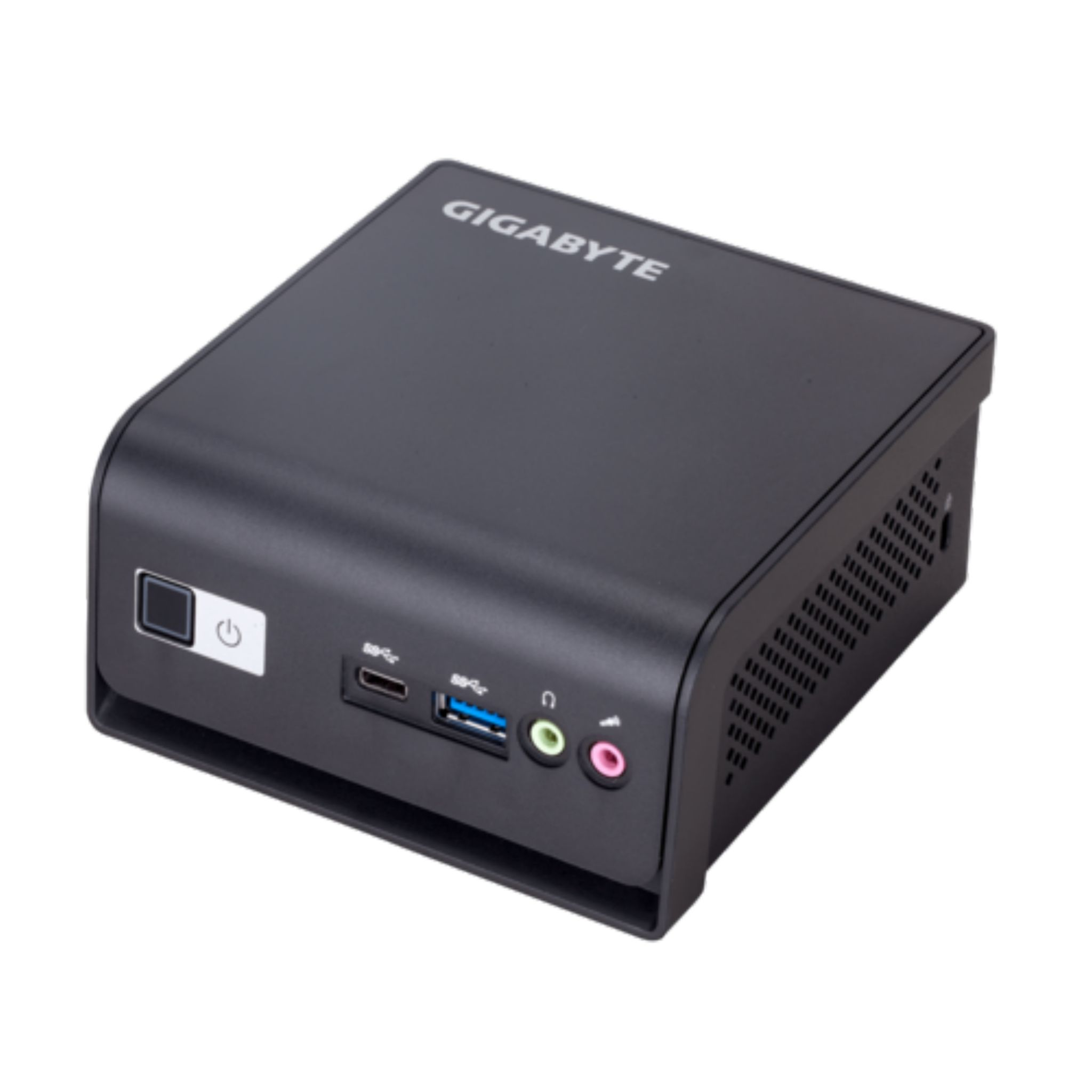 Ein schwarzer Gigabyte Mini-PC. Er hat Strom- und USB-Anschlüsse vorne und Belüftung an den Seiten.