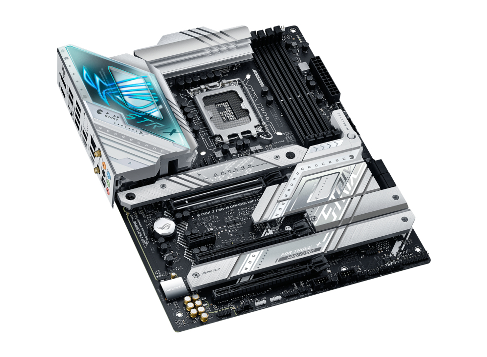 Una scheda madre per computer con diversi componenti, tra cui un socket CPU e slot RAM. Design argento e nero.