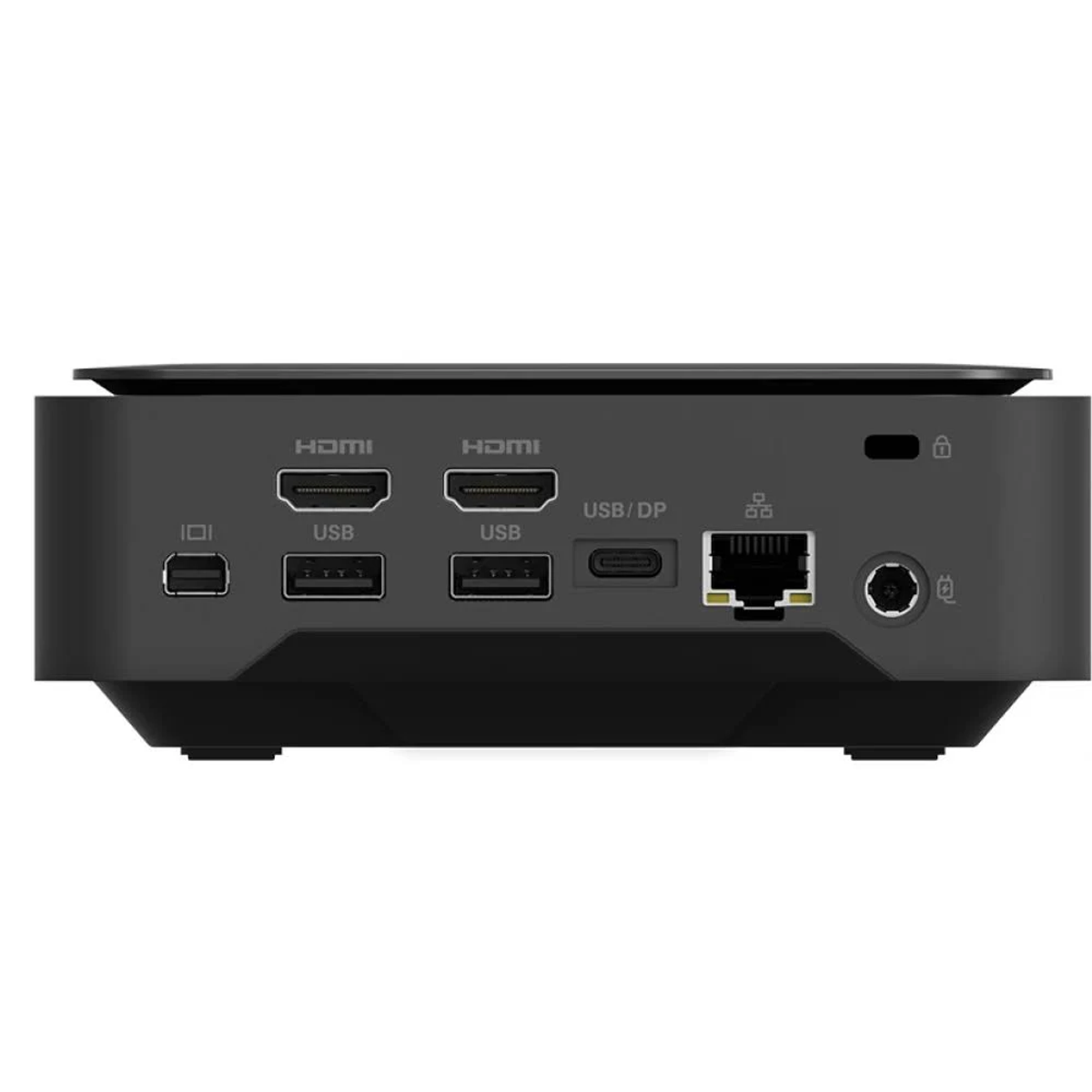 Dispositivo negro con múltiples puertos, incluyendo HDMI, USB y un puerto Ethernet.