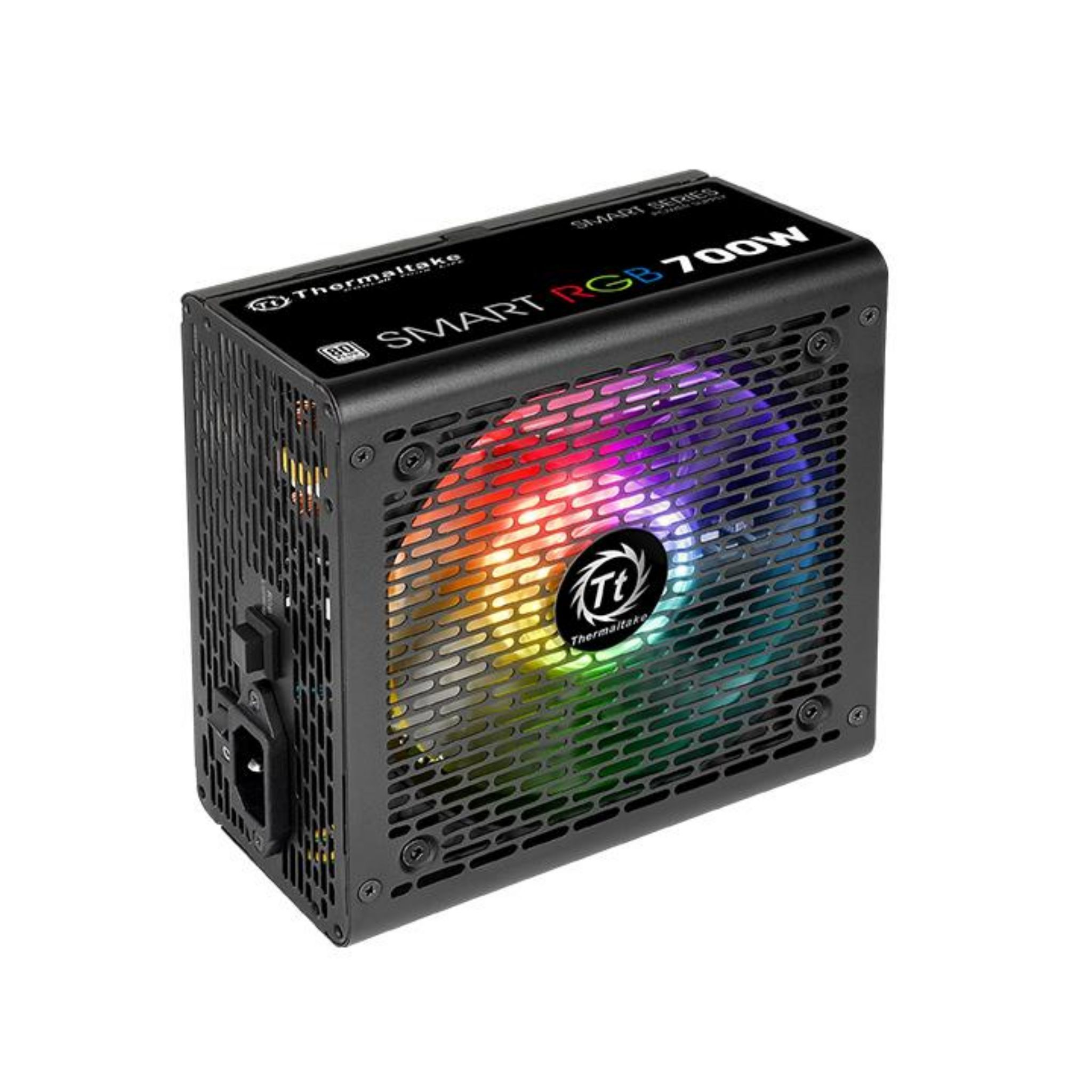 Alimentatore nero con ventola colorata, logo Thermaltake Smart RGB 700W visibile.