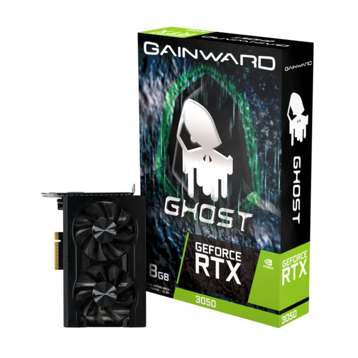 Scheda grafica e scatola con marchio 'GAINWARD', 'GHOST' e 'GEFORCE RTX 3050'.