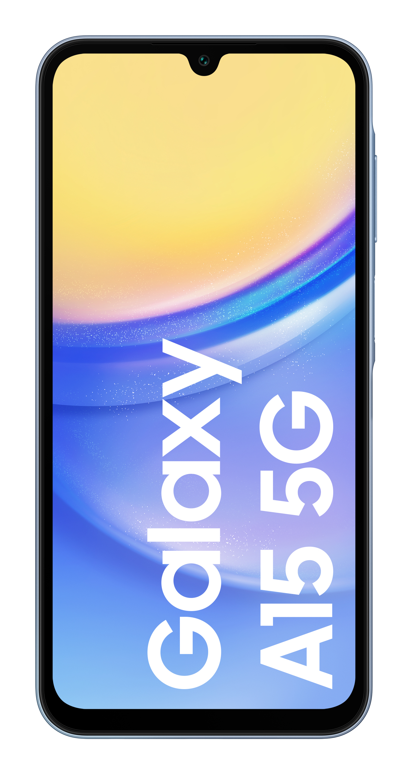 Blauwe Samsung Galaxy A15 5G-telefoon met een geel-blauwe gradiëntscherm. De telefoon staat op een witte achtergrond.